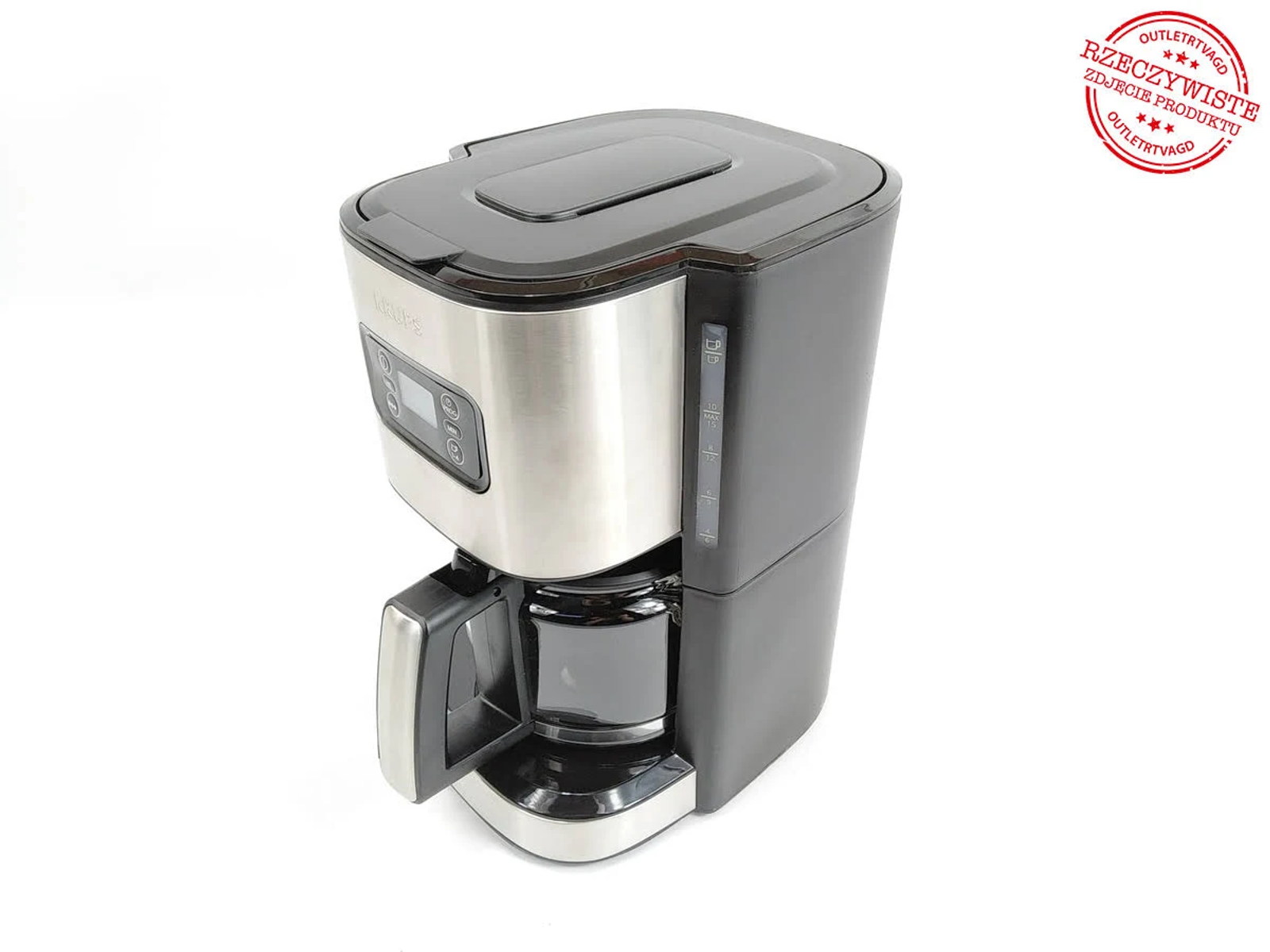 Una macchina per il caffè con display digitale e caraffa in vetro.