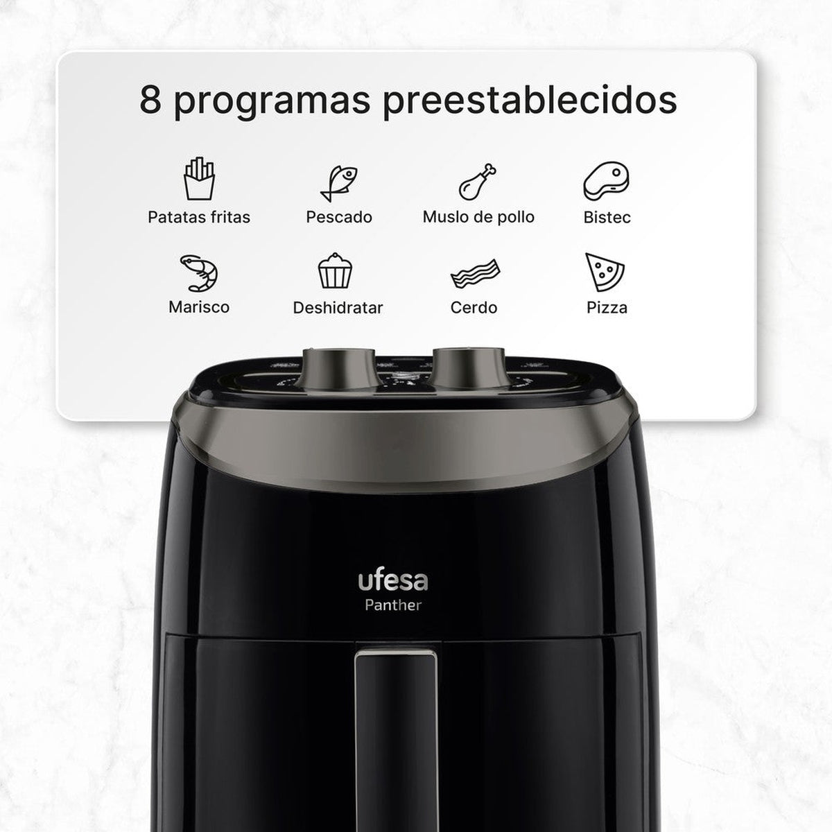 Freidora de aire negra con un panel de control que muestra iconos de alimentos, con fondo blanco.