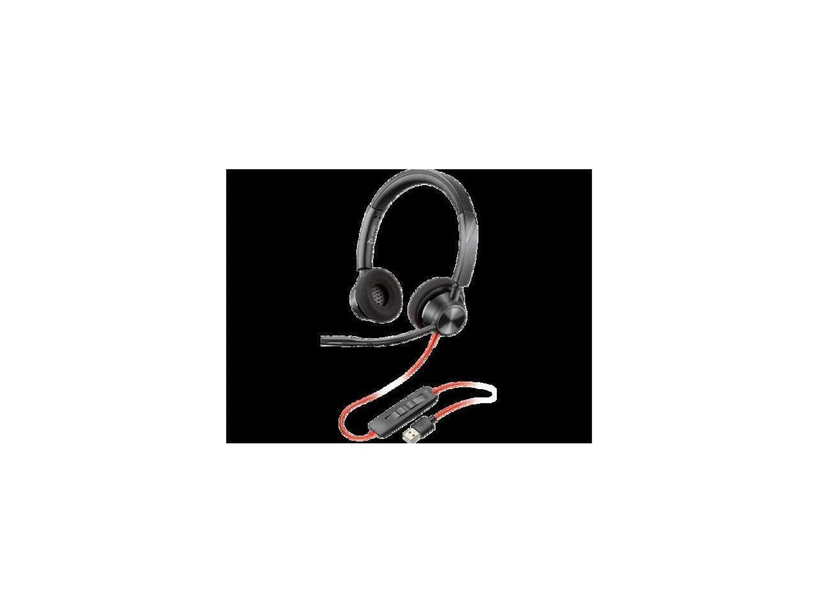 Auriculares negros con micrófono y cable rojo y blanco.