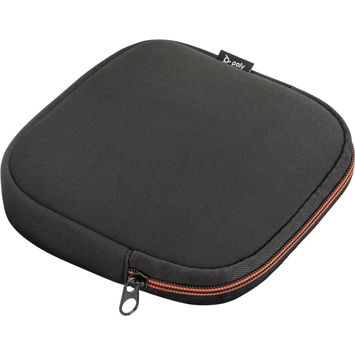 Estuche negro para auriculares. Cremallera con detalles naranjas. Etiqueta de la marca Poly.