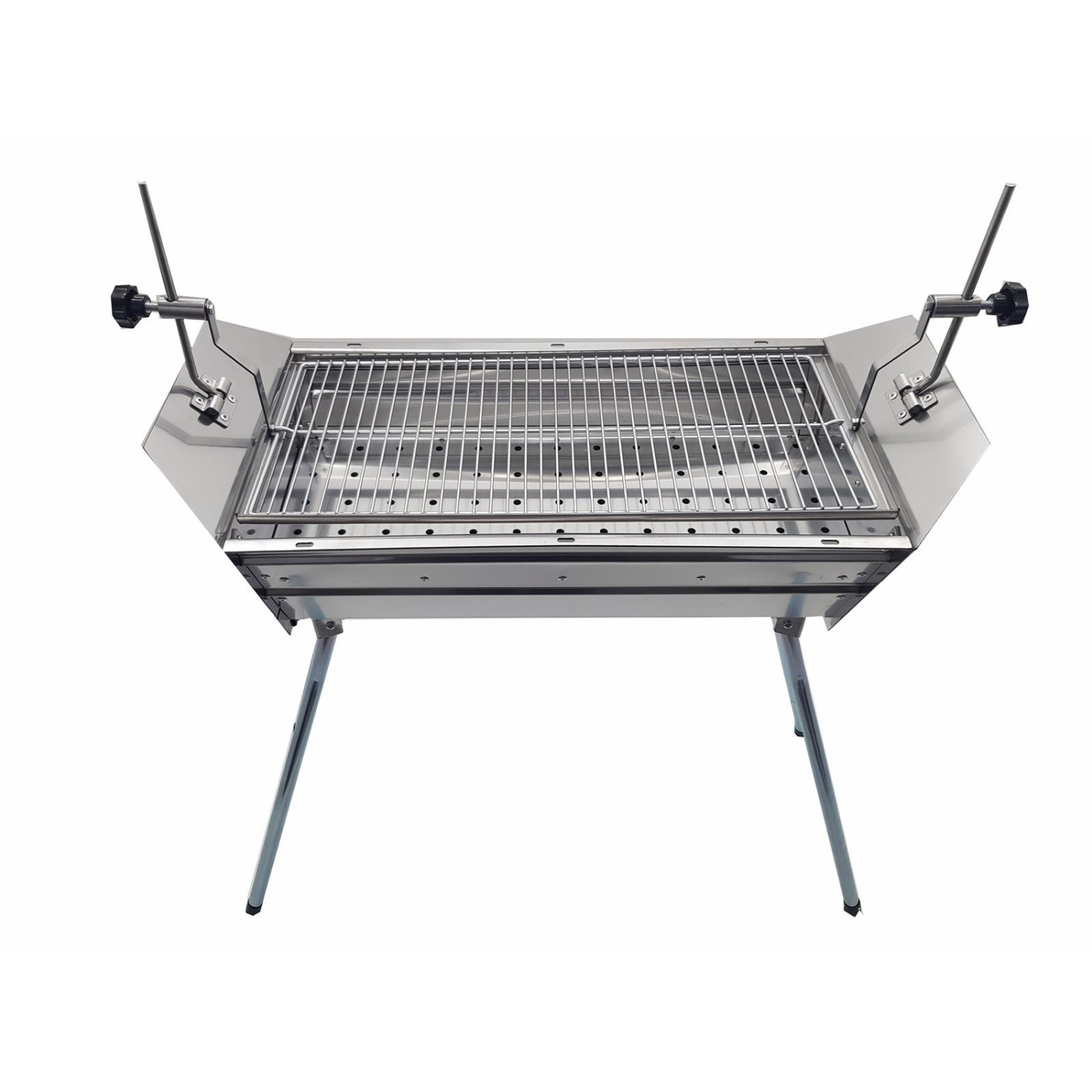 Ein silberner Grill auf Beinen. Er hat eine Kochfläche und verstellbare Seitenteile.