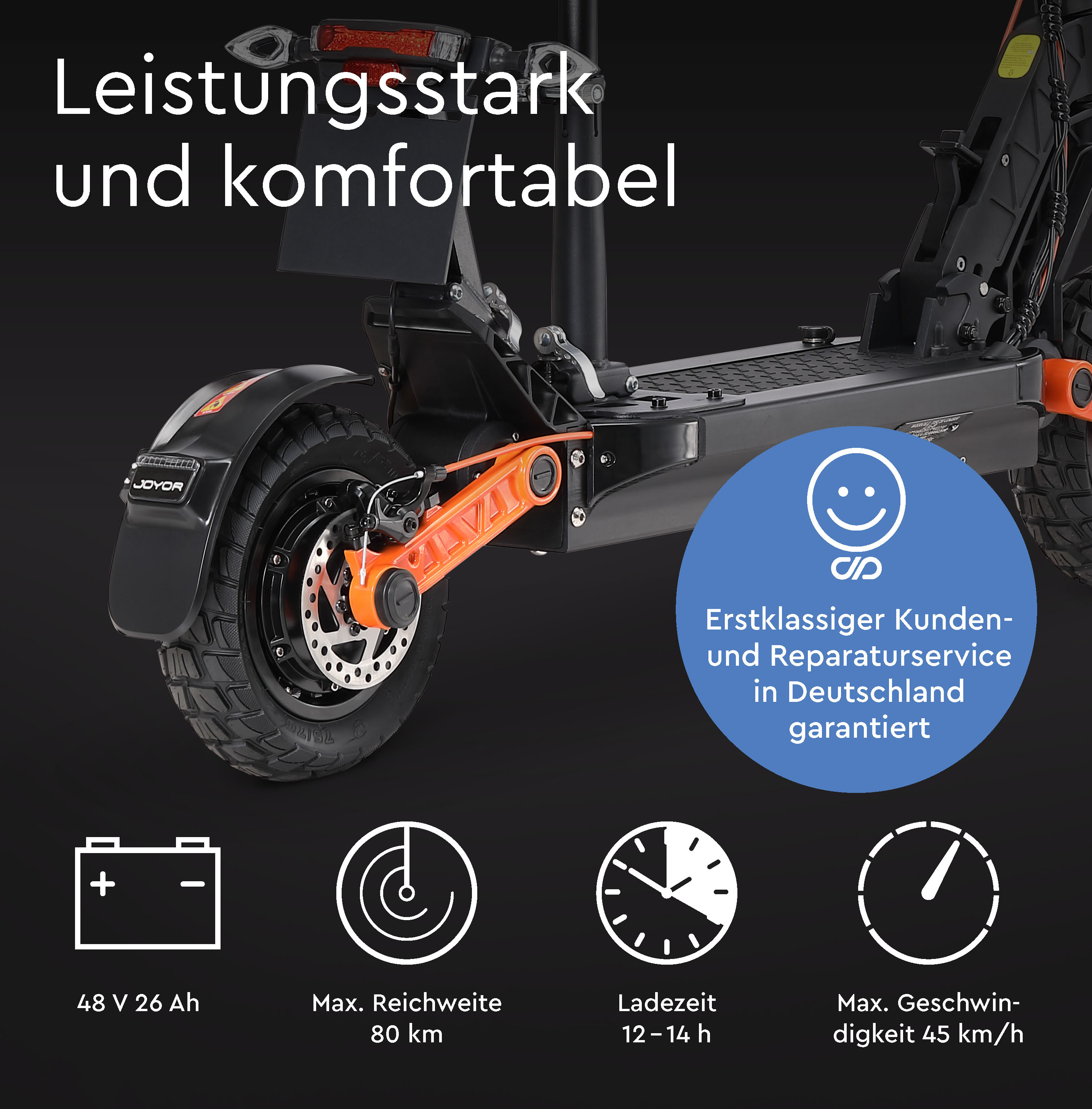 Ein Elektroroller mit Batterie-, Reichweiten- und Ladezeitinformationen.
