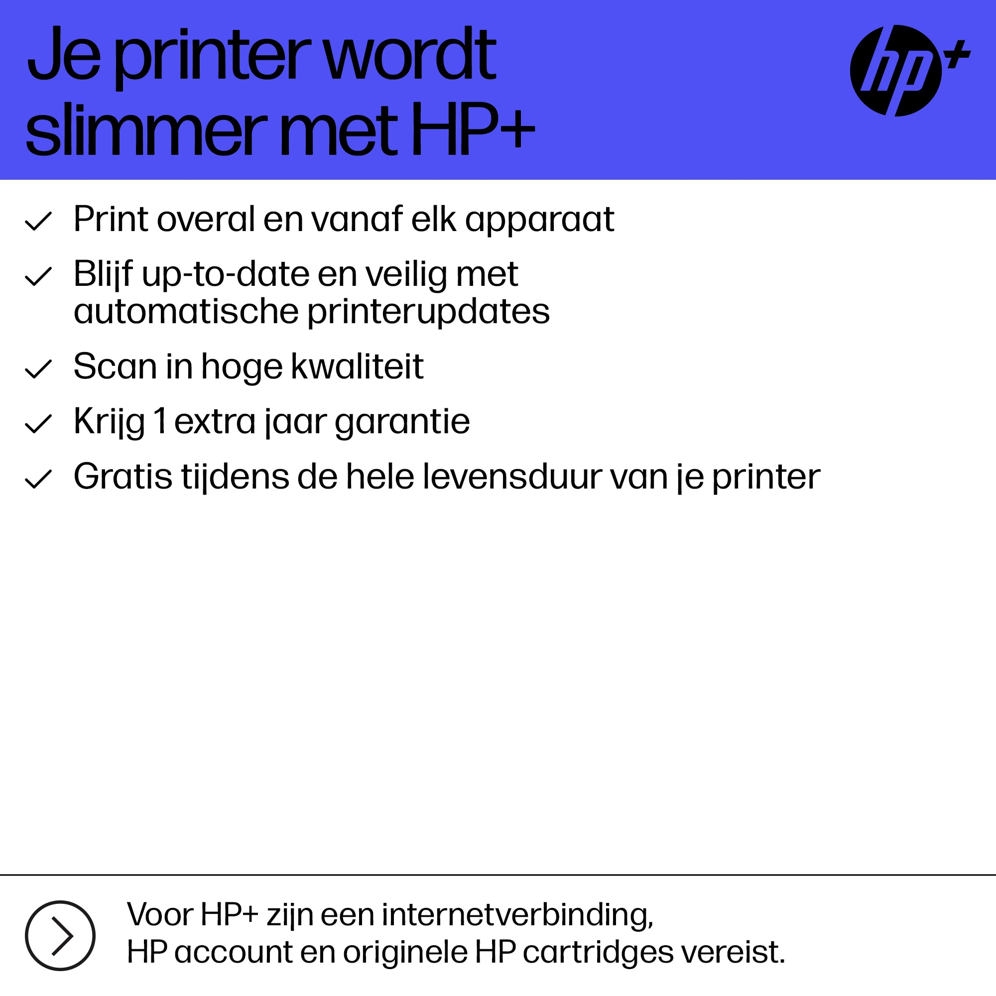 Een witte achtergrond met blauwe tekst. Bevat printerfuncties en een HP+ logo.