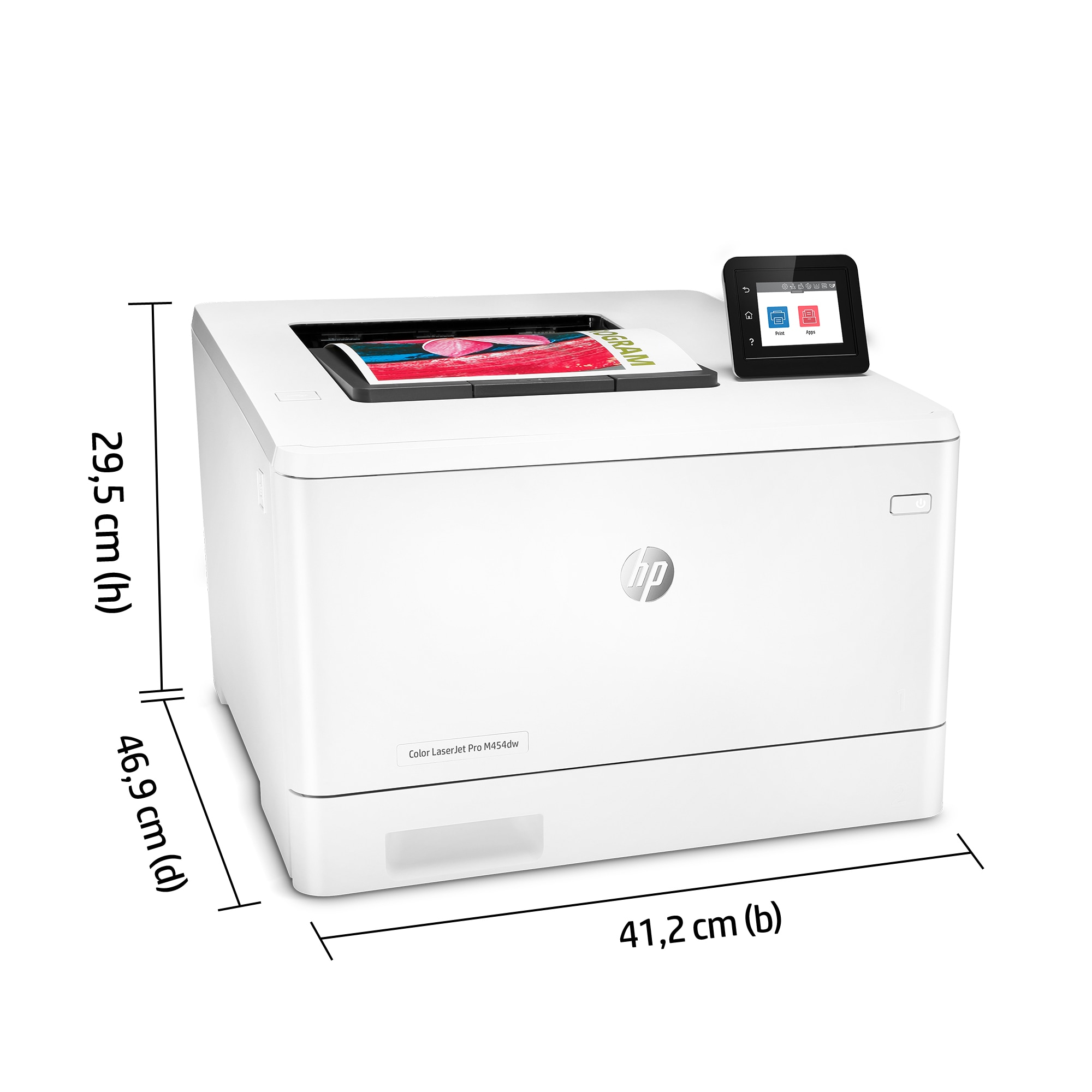 Weißer Drucker mit Maßangaben, Bedienfeld oben.
