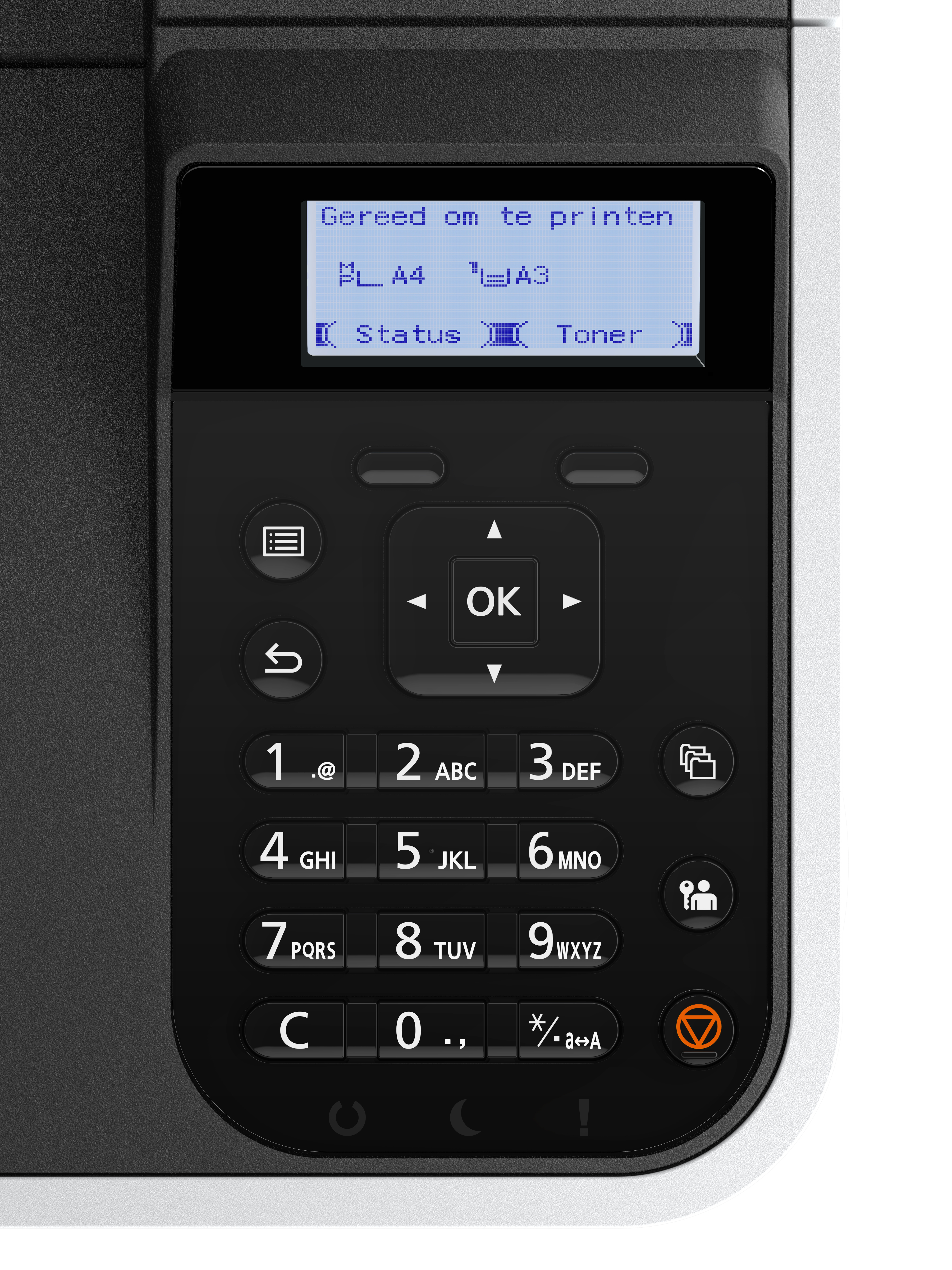 Zbliżenie panelu sterowania drukarki z wyświetlaczem i przyciskami numerycznymi.