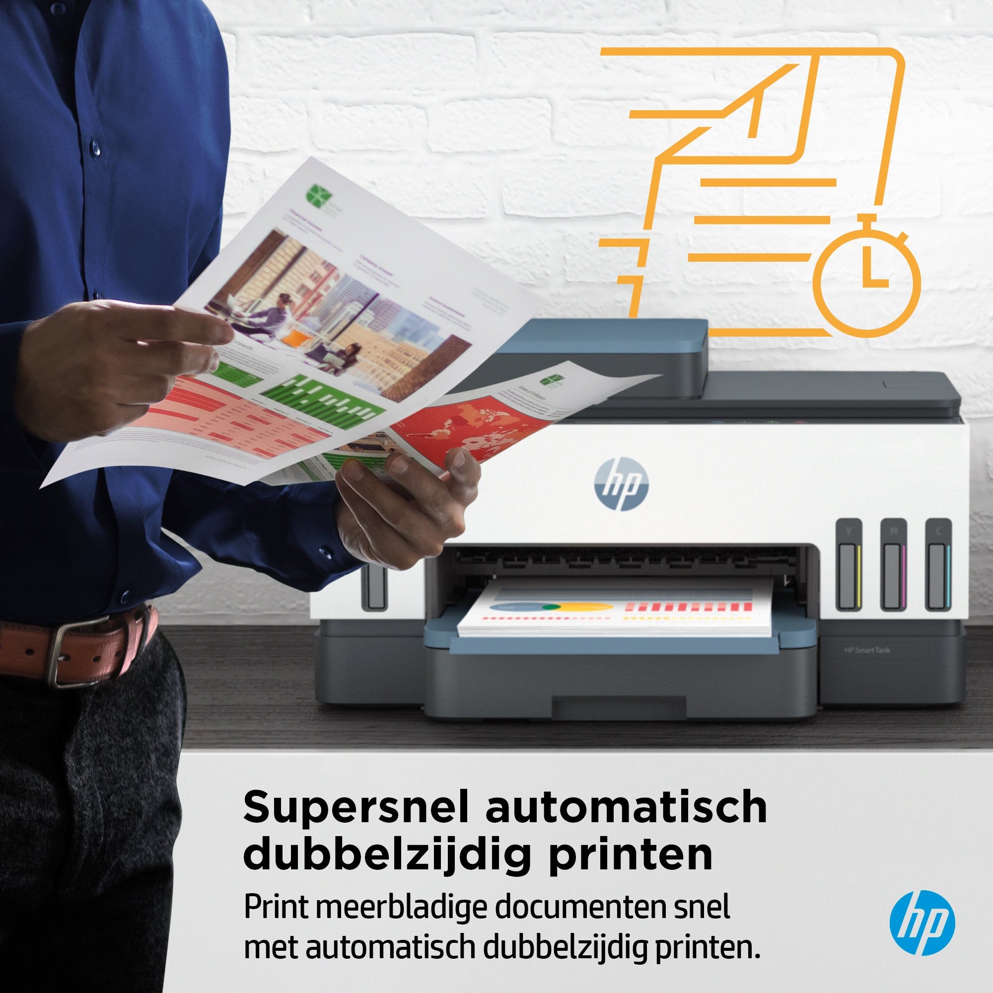 Person prints a document with a white and gray printer. The printer is on a desk.