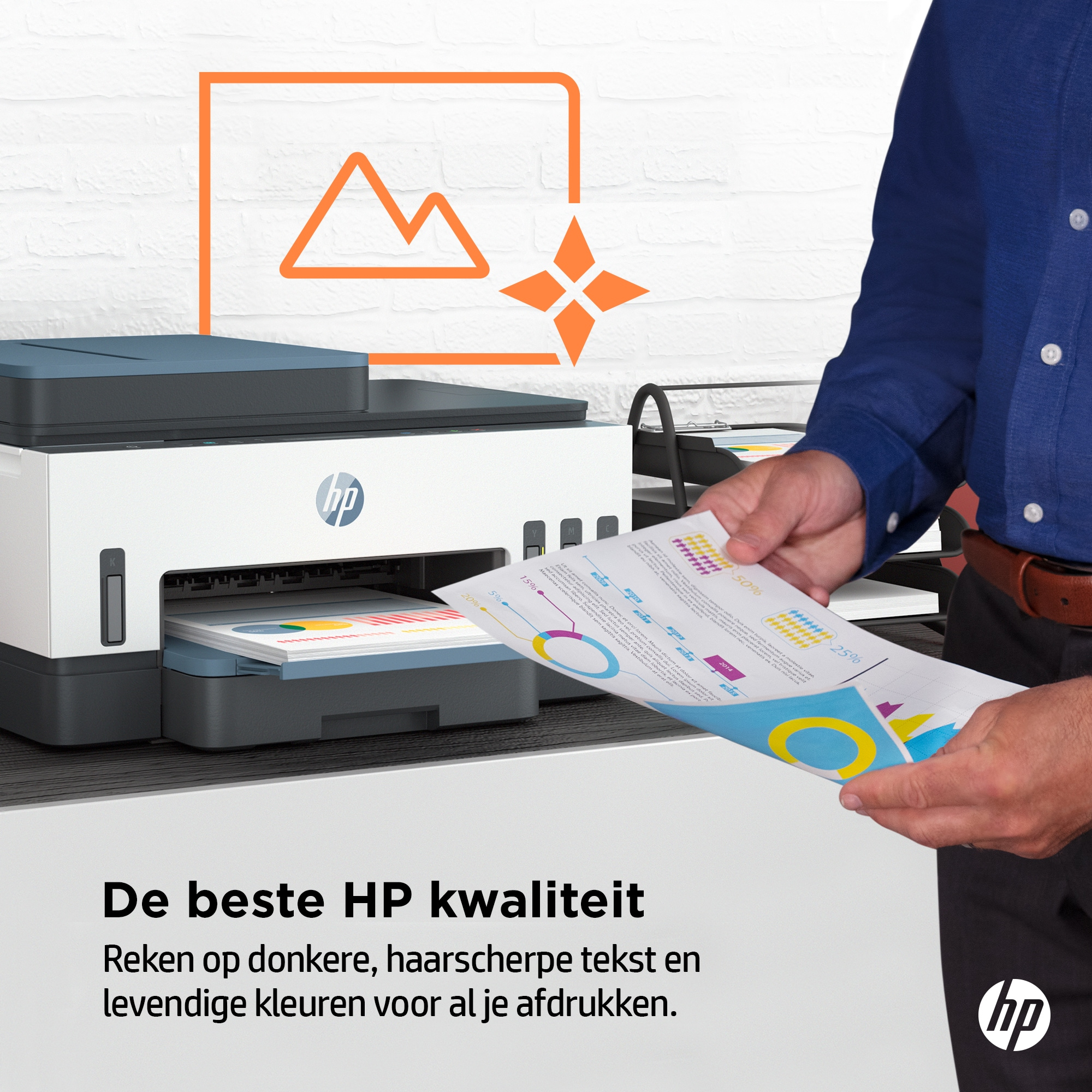 A man holding a paper with a printed document. An HP printer is on the left with a white background.