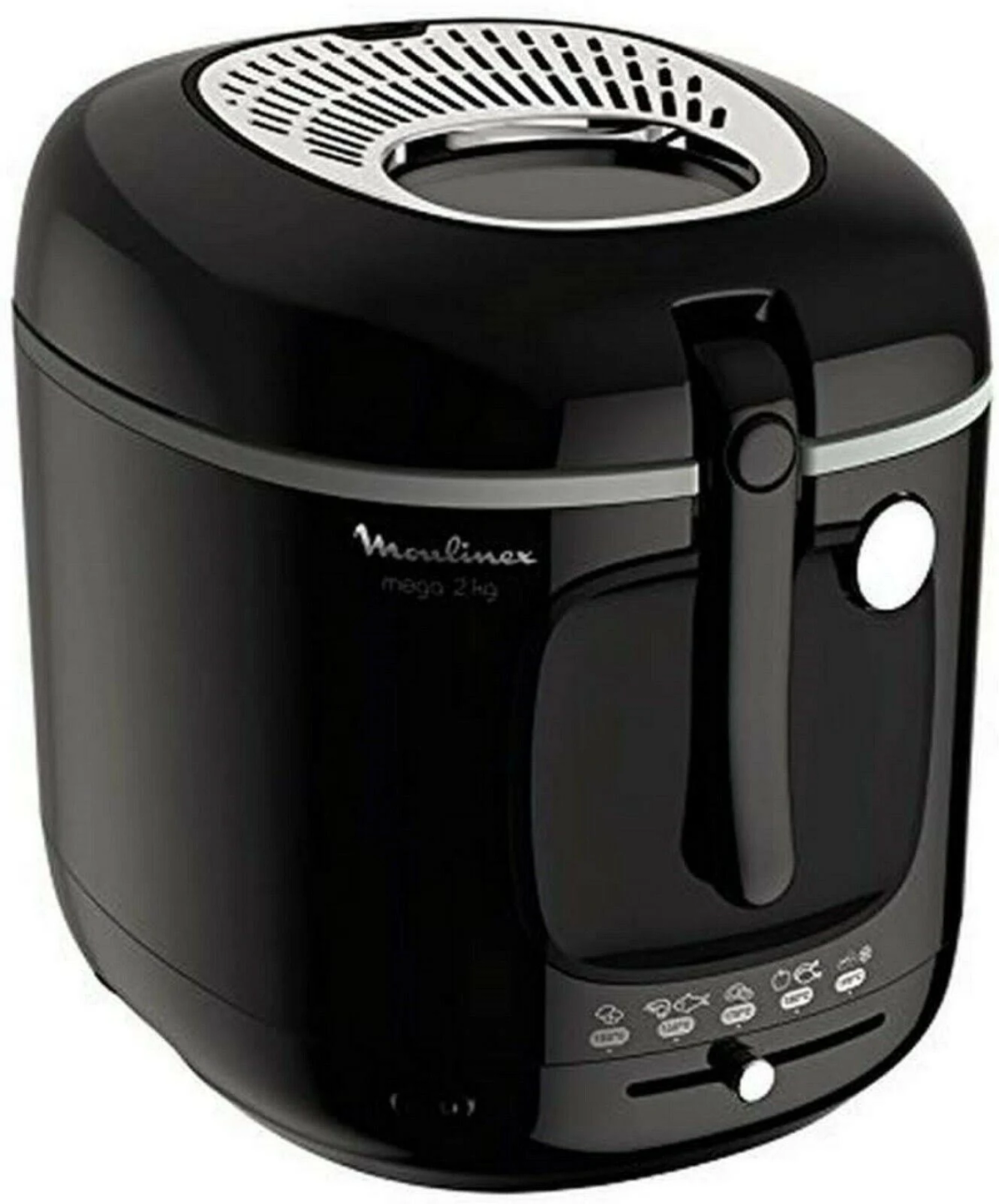 Schwarze Moulinex-Fritteuse mit Griff und Bedienfeld.