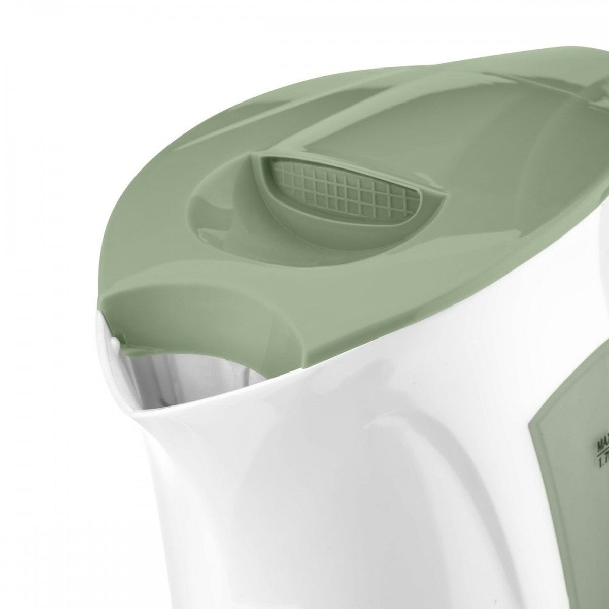 Bollitore elettrico bianco e verde con coperchio e beccuccio.