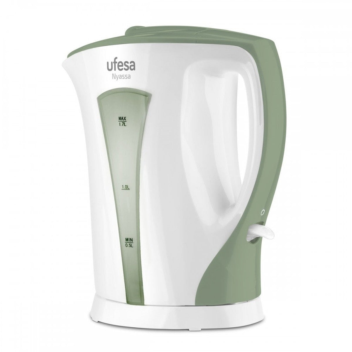 Bollitore elettrico bianco e verde con segni e manico.