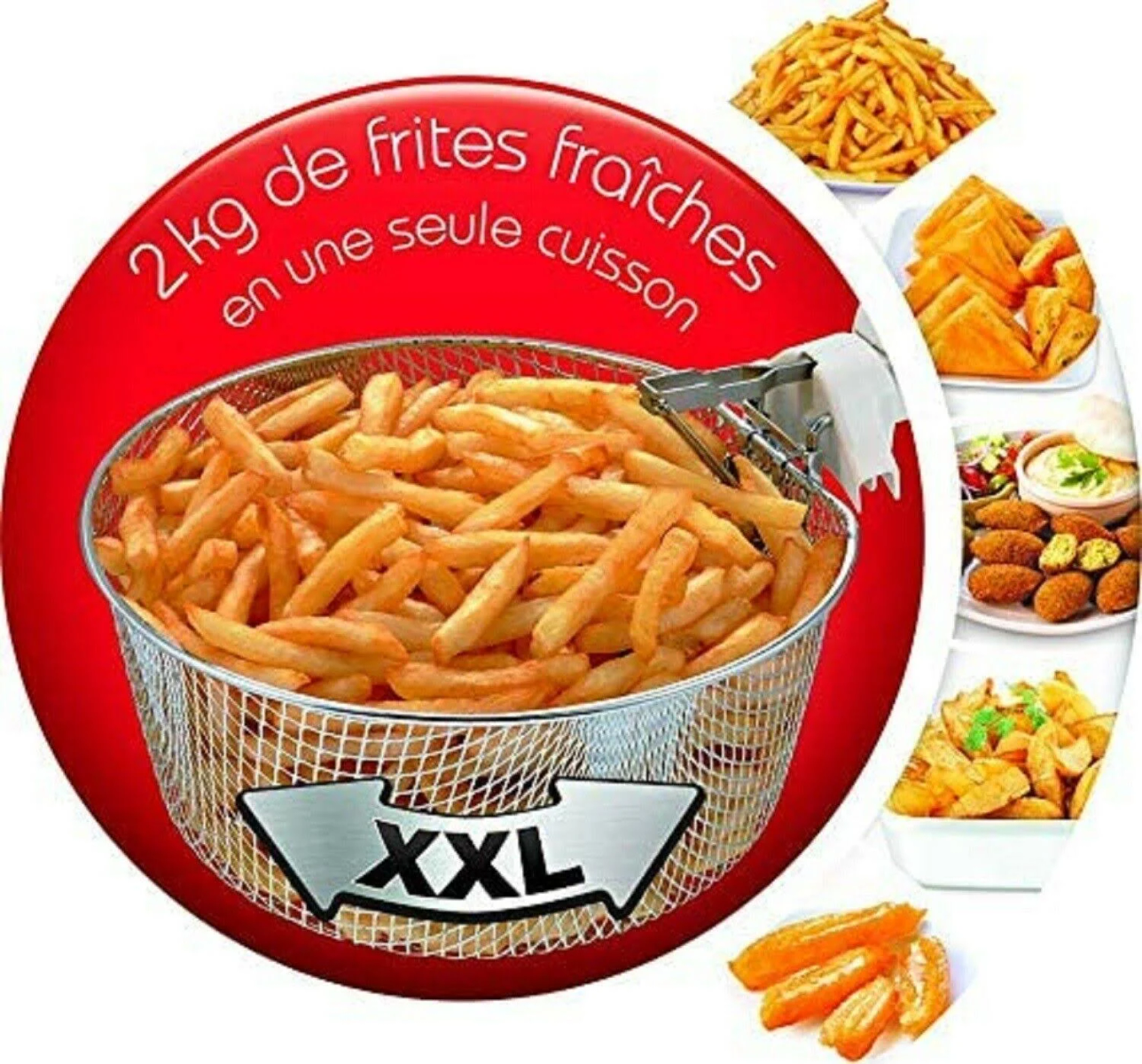 Ein Metallkorb mit Pommes Frites in einem roten Kreis. Andere frittierte Lebensmittel sind darum herum.