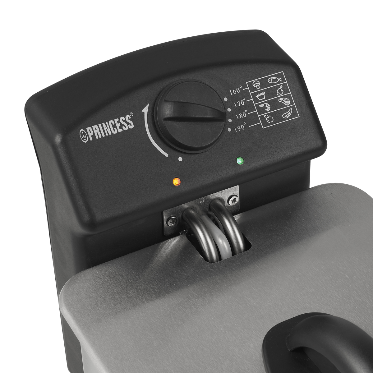 Zbliżenie panelu sterowania frytkownicy Princess. Widoczna tarcza, światła i ustawienia.
