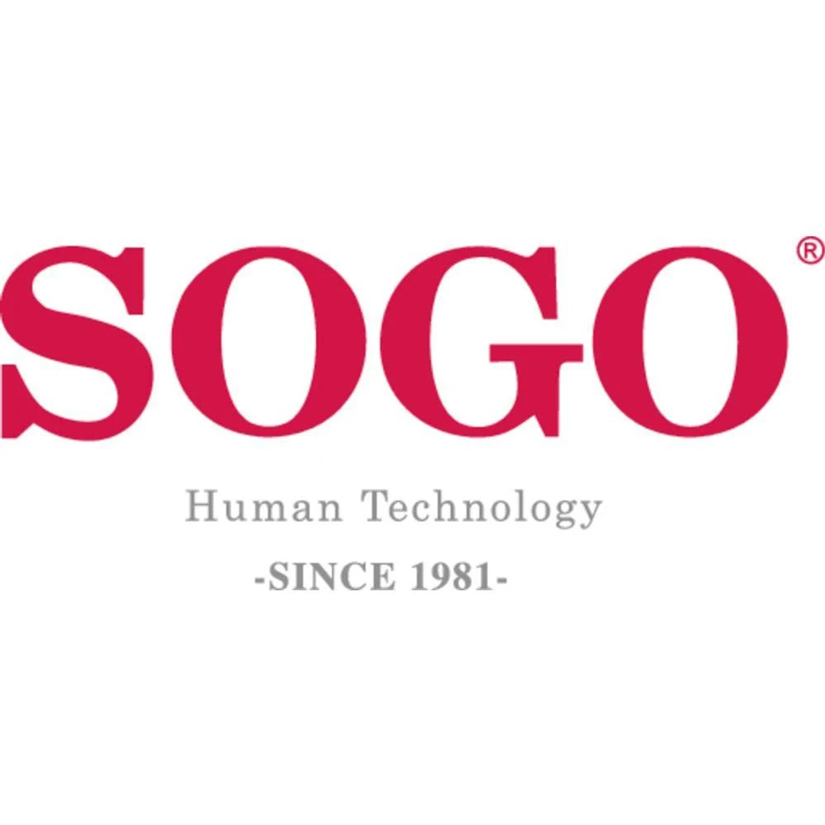 Logo SOGO w kolorze czerwonym na białym tle, z tekstem human technology.