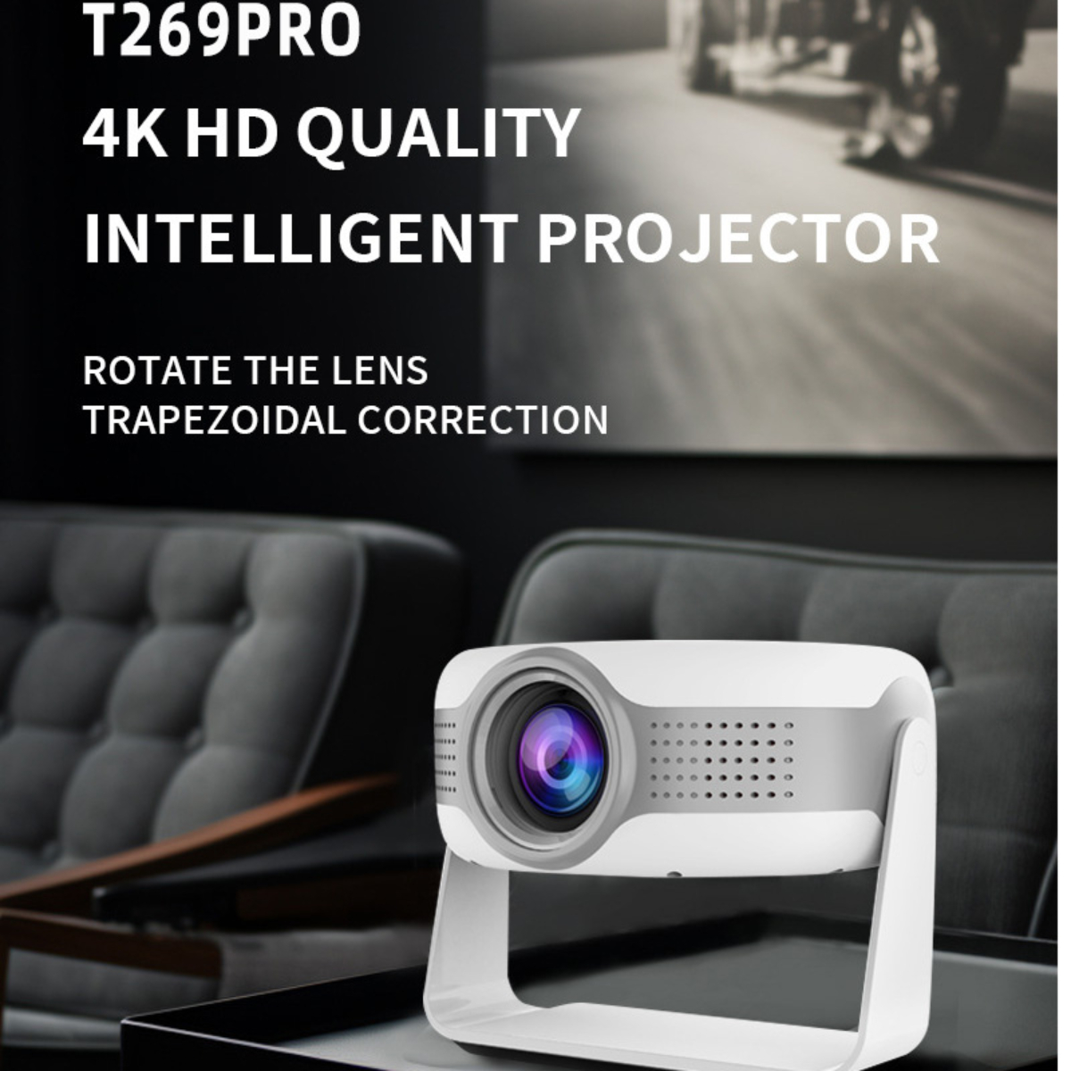 Weißer und grauer Projektor auf einem Ständer. Text: 4K HD QUALITÄT INTELLIGENTER PROJEKTOR.