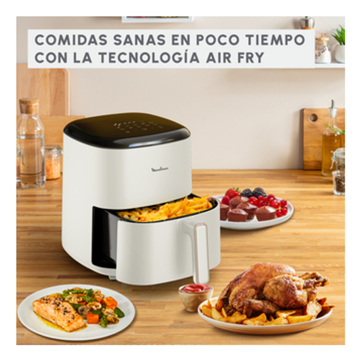 Freidora de aire blanca con comida: papas fritas, pollo, salmón y verduras en platos. Texto arriba.