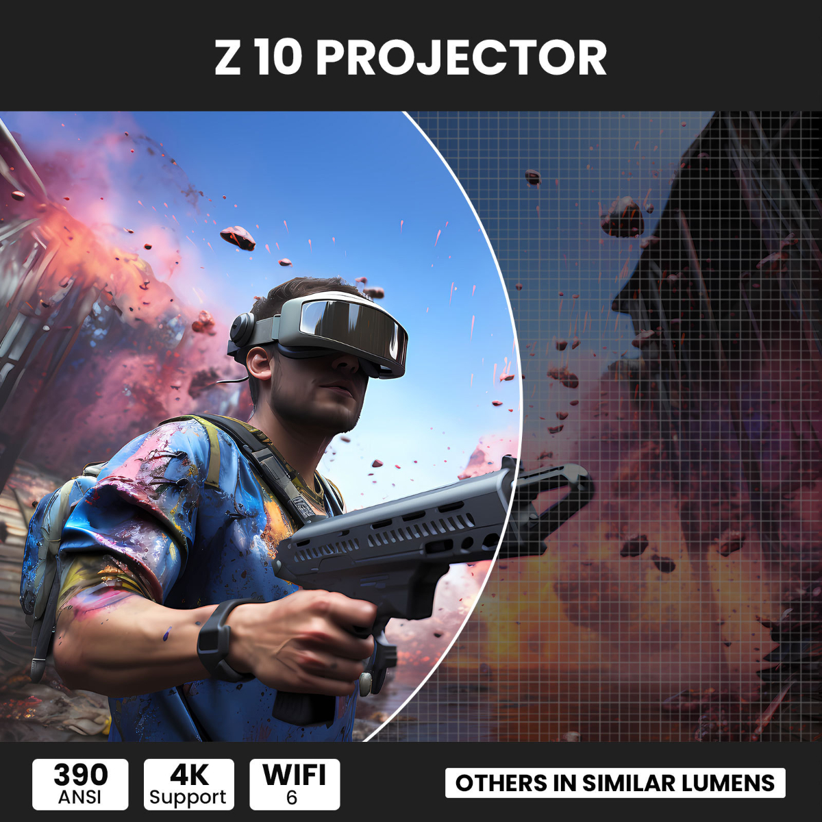Ein Mann mit VR-Brille hält eine Waffe in einer virtuellen Kriegsszene.