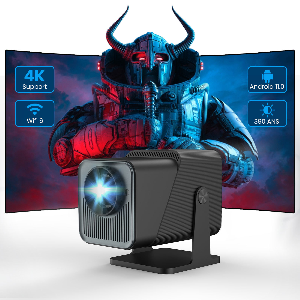 Schwarzer Projektor mit Grafiken, einschließlich 4K, Wifi, Android.