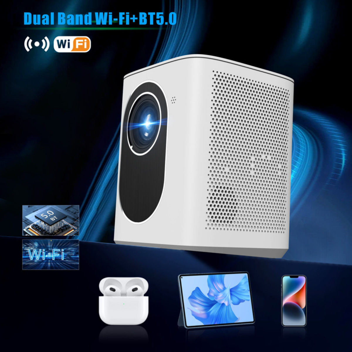 Ein weißer Projektor mit den Worten 'Dual Band Wi-Fi+BT5.0'. Es gibt Zubehör.