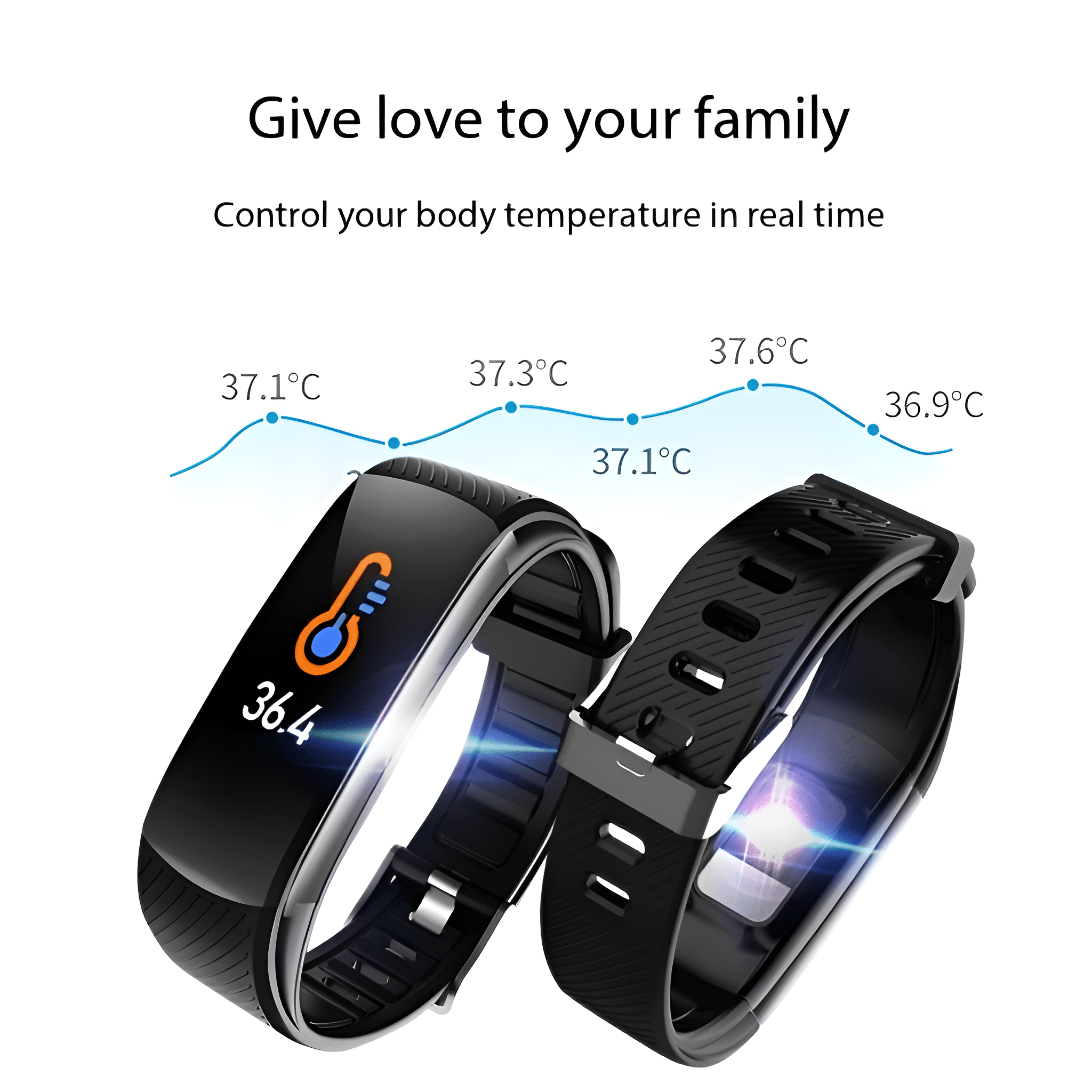 Zwei schwarze Smartwatches mit Temperaturanzeigen auf ihren Bildschirmen, begleitet von einer Überschrift und Temperaturdaten.