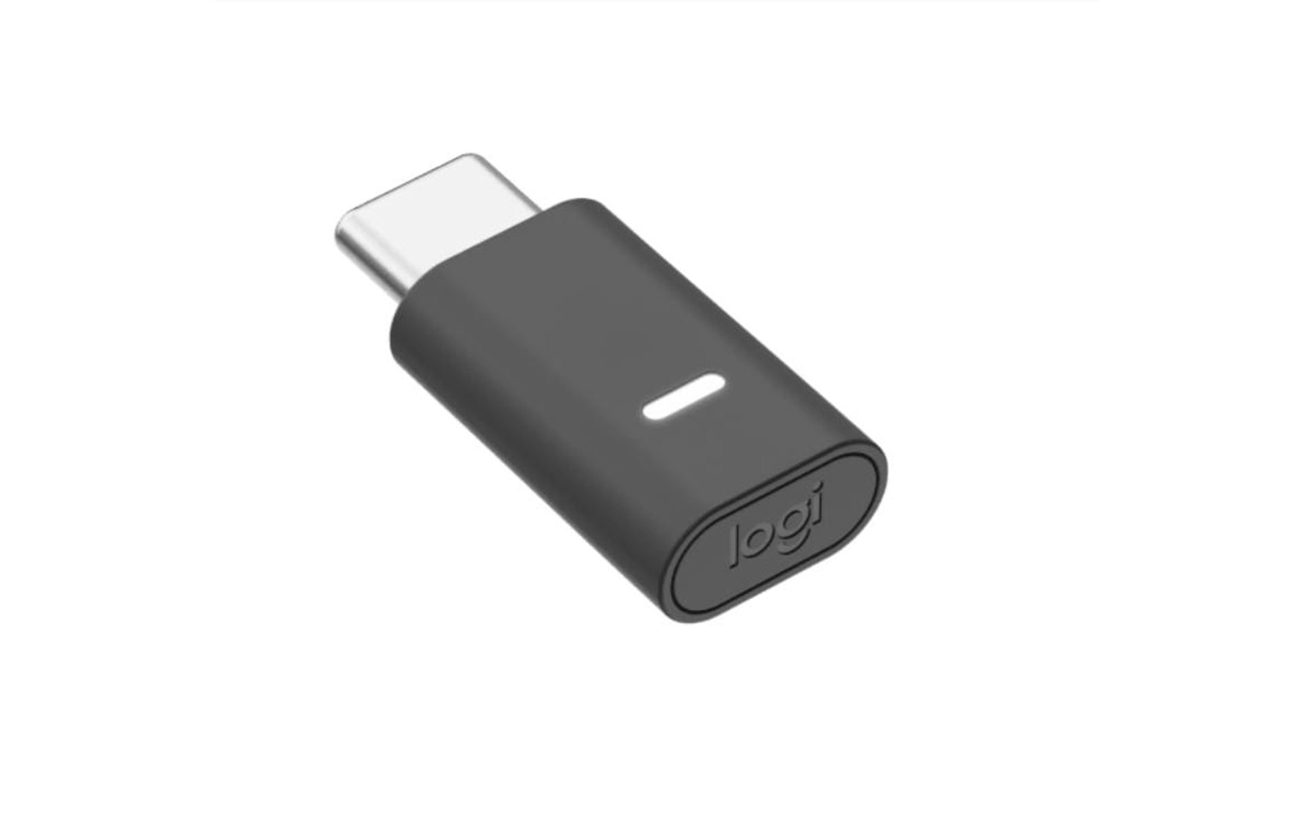 Czarny adapter USB-C na USB z białym paskiem i logo 'logi'.
