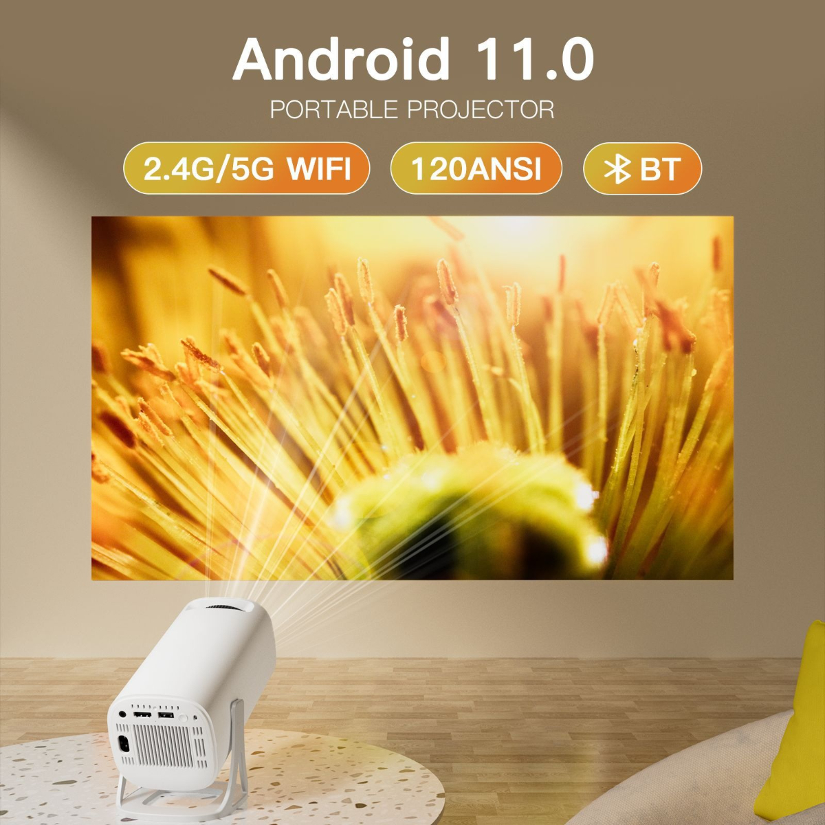 Ein weißer tragbarer Projektor projiziert ein Blumenbild. Text: Android 11.0, 2.4G/5G WIFI, BT.