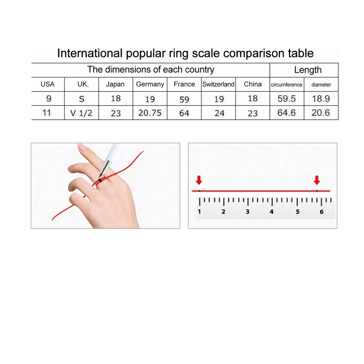 Tabla de tallas de anillos. Tabla de comparación de tallas de anillos y mano con medidor.