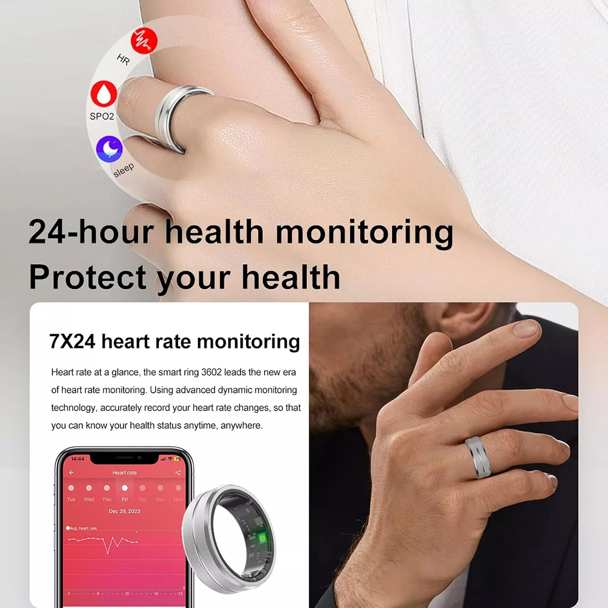 La mano de una persona con un anillo plateado. Una pantalla de teléfono muestra datos. El texto dice: Monitoreo de salud las 24 horas.