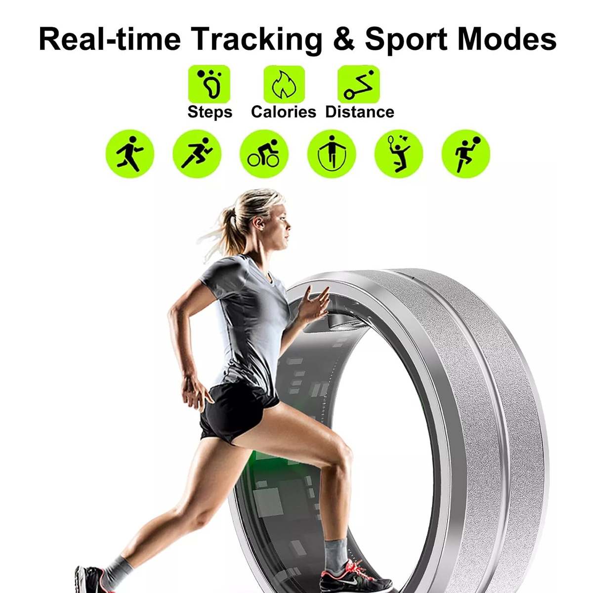 Una mujer corriendo dentro de una rueda de fitness plateada con iconos de seguimiento de actividad arriba.
