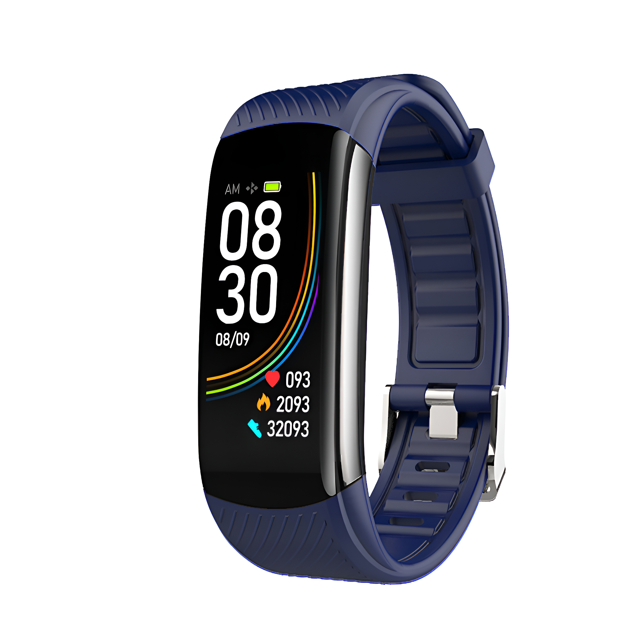 Blaue Smartwatch mit Zeit- und Gesundheitsdaten. Die Uhr ist vor weißem Hintergrund.