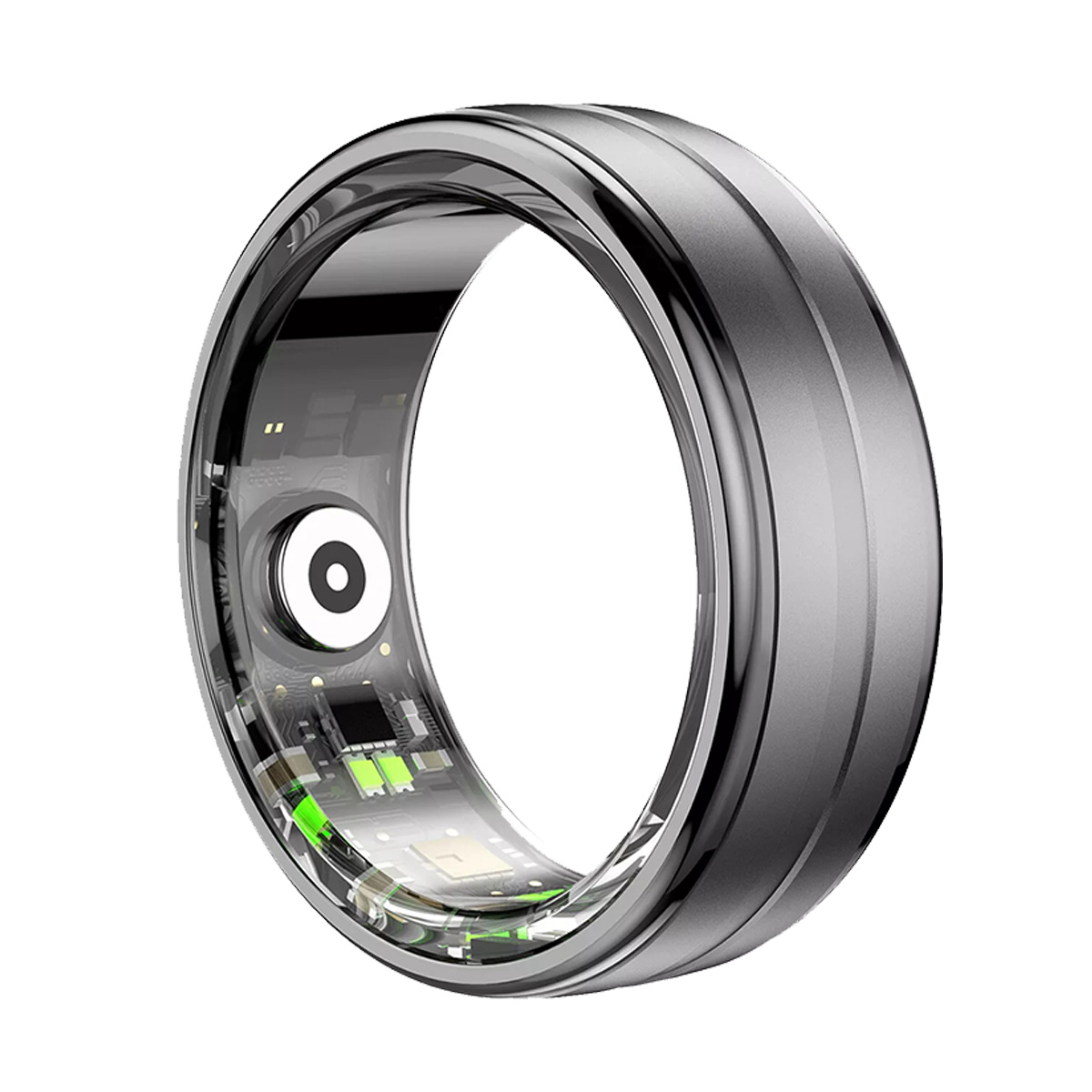Un anillo inteligente plateado. El anillo tiene un pequeño componente negro y una sección transparente.