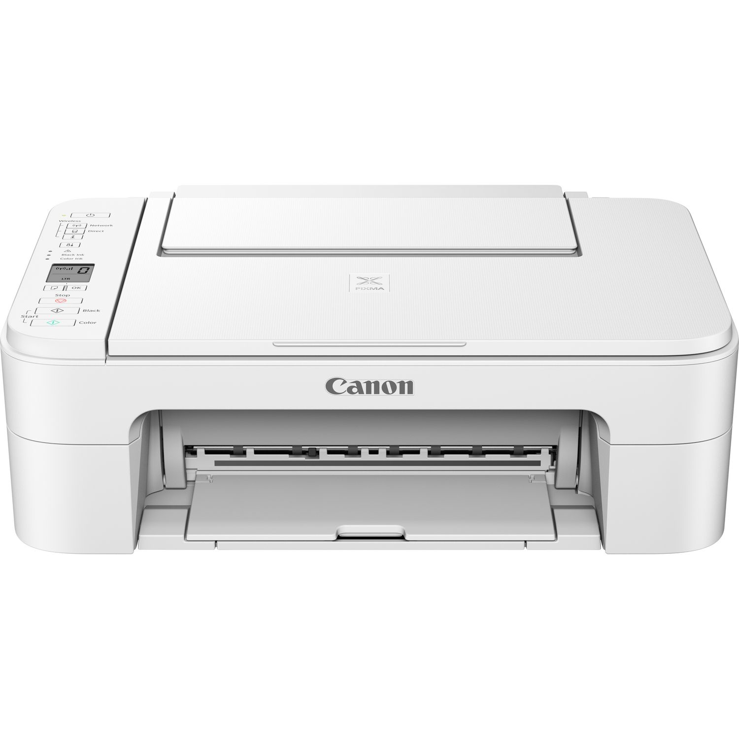 Una stampante Canon bianca con uno scanner superiore e un vassoio carta anteriore. Canon è stampato sulla parte anteriore.