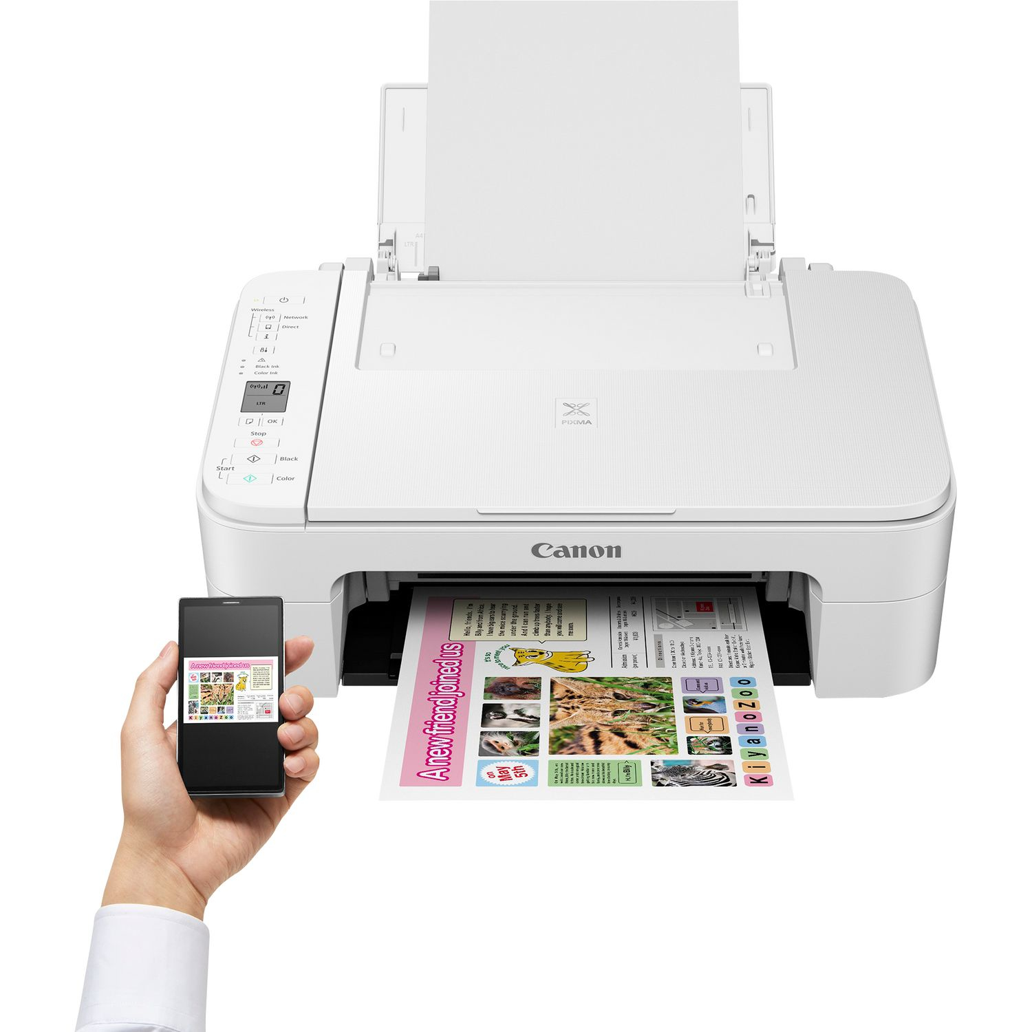 Stampante Canon bianca che stampa un documento colorato. Il telefono mostra un'immagine.