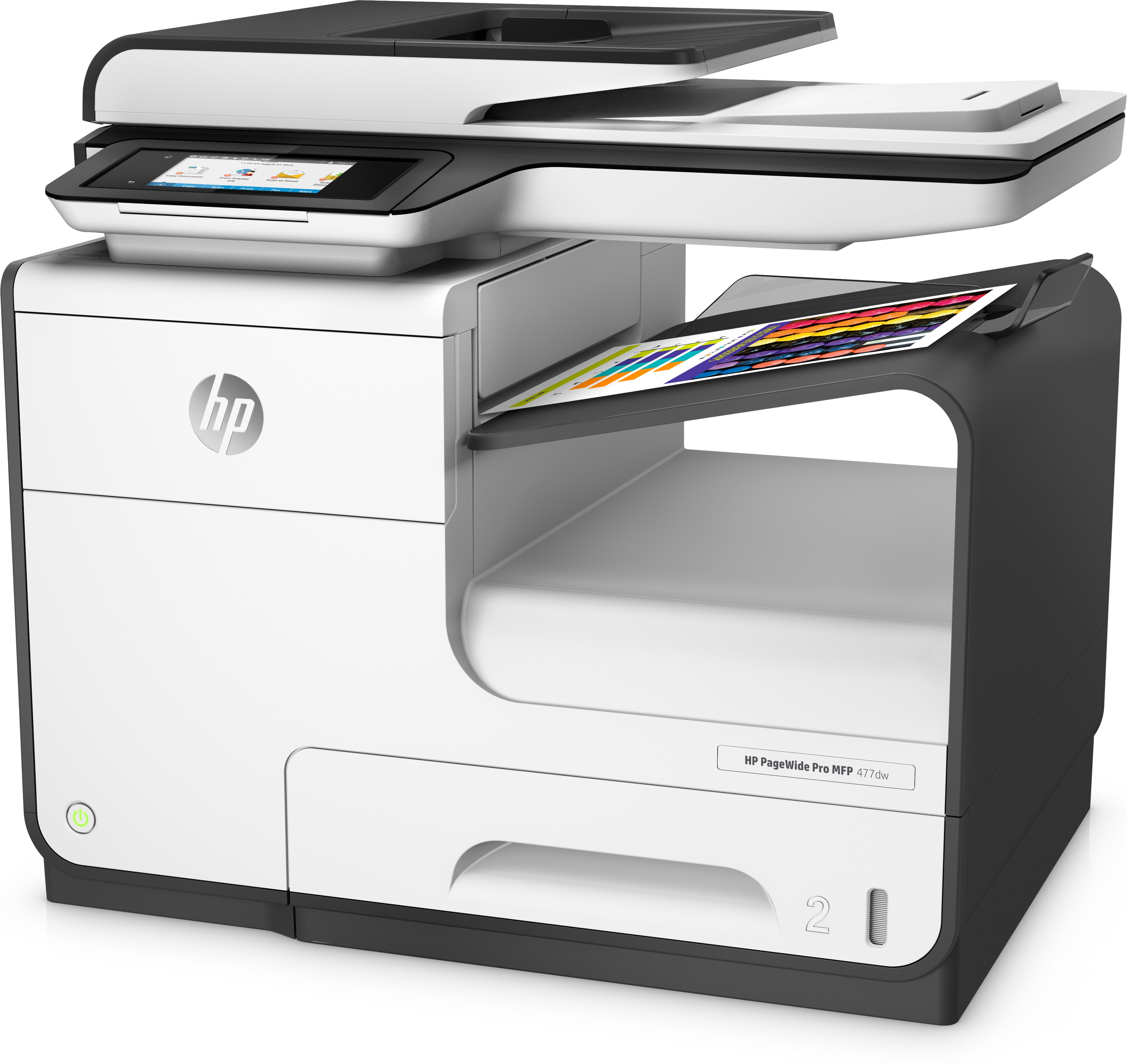 Una stampante HP PageWide Pro MFP 477dw, bianca e nera, con carta e display.