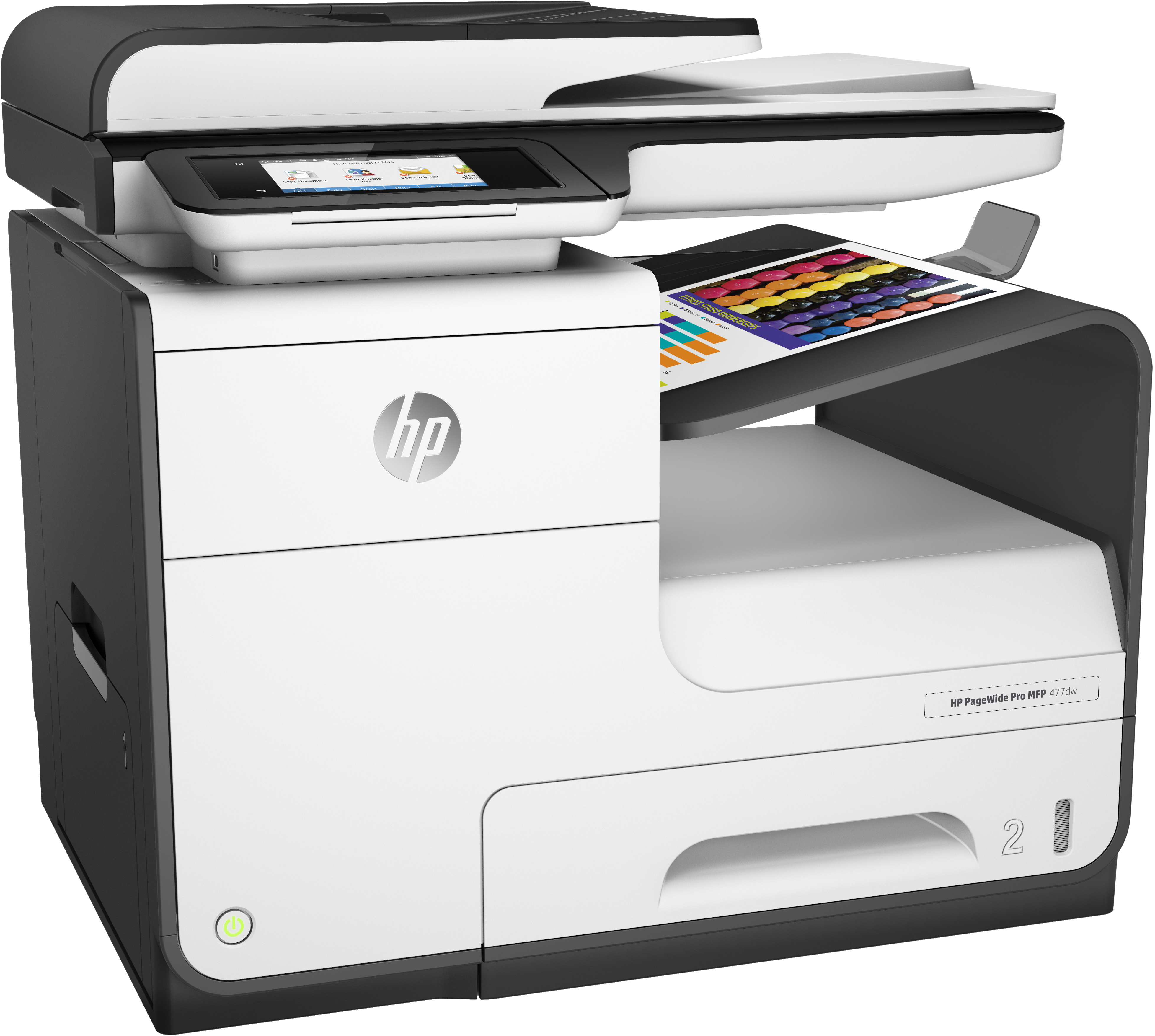 Stampante HP bianca e nera con una stampa a colori sopra. Pulsante di accensione verde.
