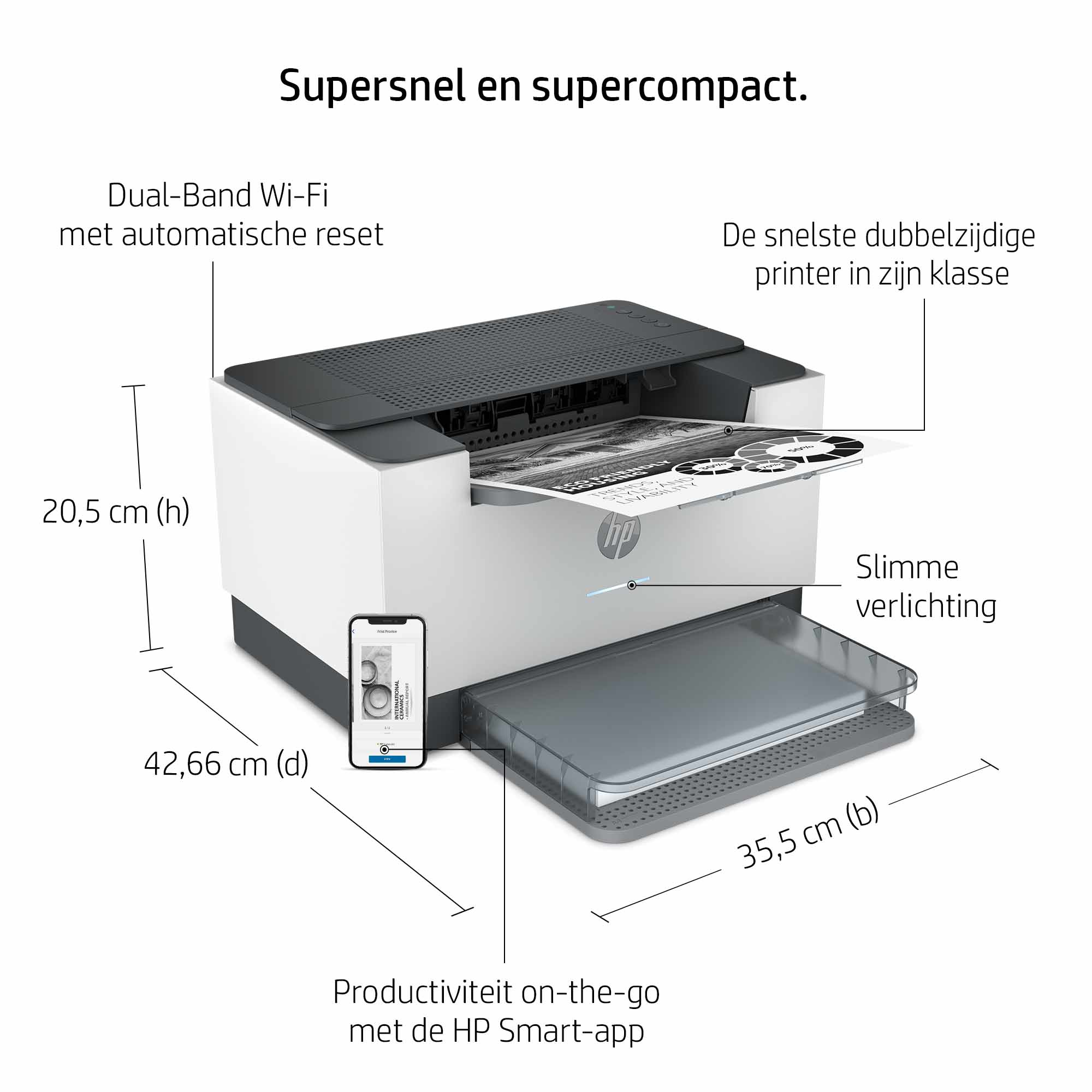 Imprimante HP blanche et grise avec un smartphone et du texte. Dimensions et fonctionnalités affichées.