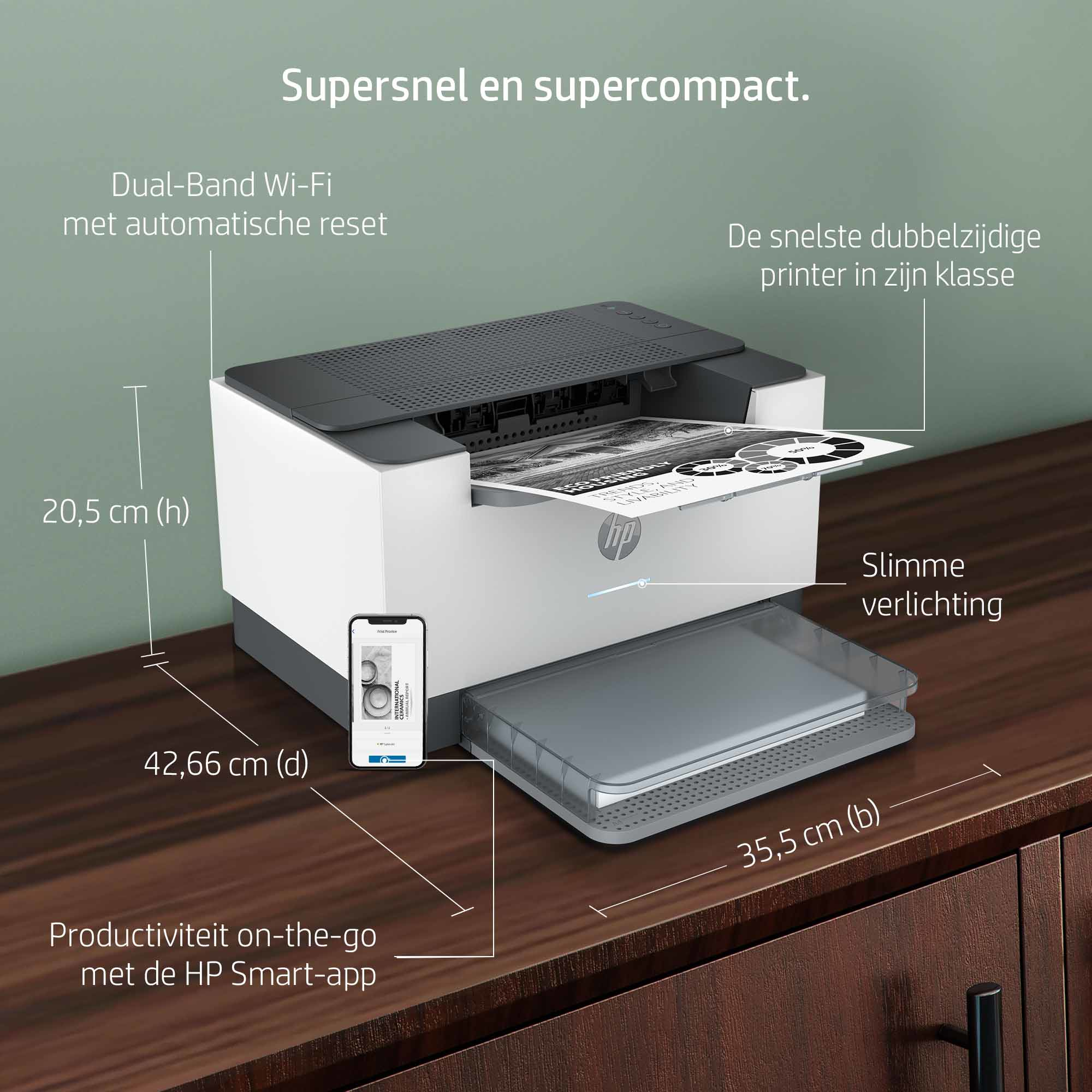 Une imprimante HP blanche et grise avec un téléphone à côté. Texte en néerlandais, avec des dimensions.