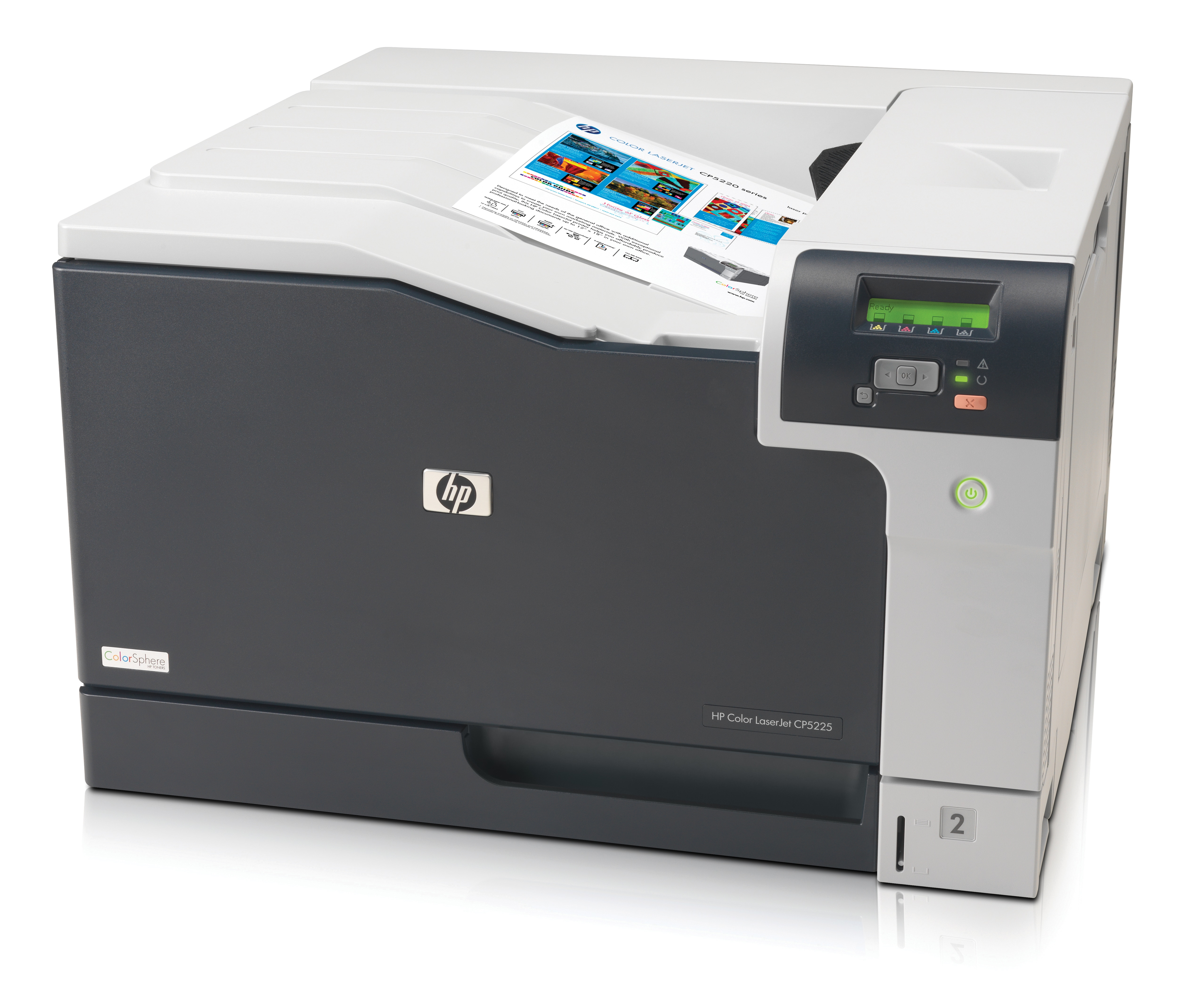 Impresora HP Color LaserJet CP5225, negra y gris. Papel en la bandeja de salida.