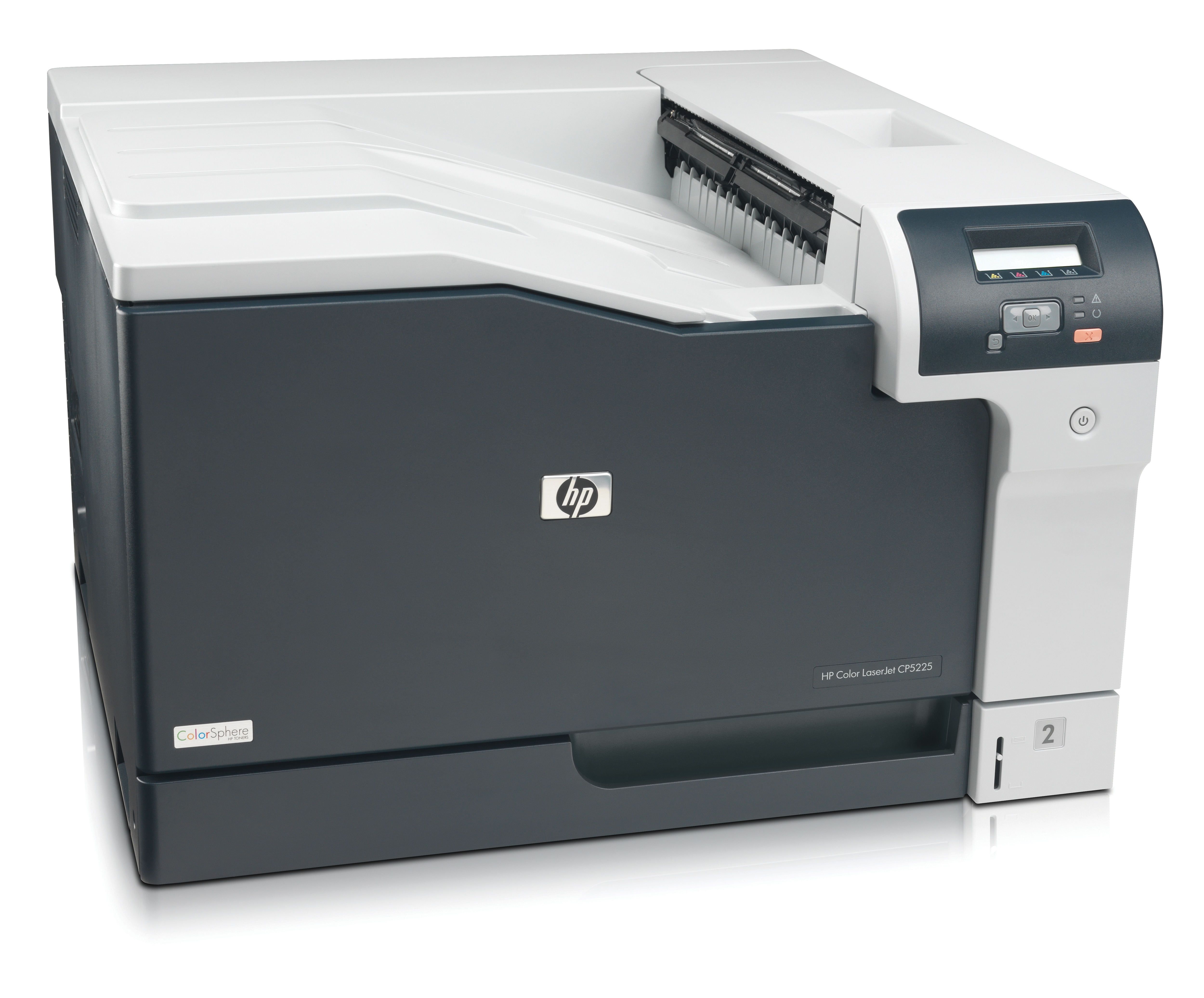 Impresora HP Color LaserJet CP5225. Gris y negro con tapa blanca y panel de control.