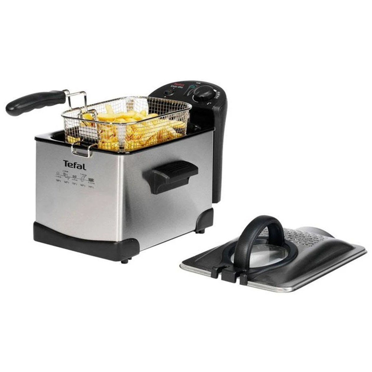Freidora Tefal con patatas fritas en la cesta y su tapa al lado.