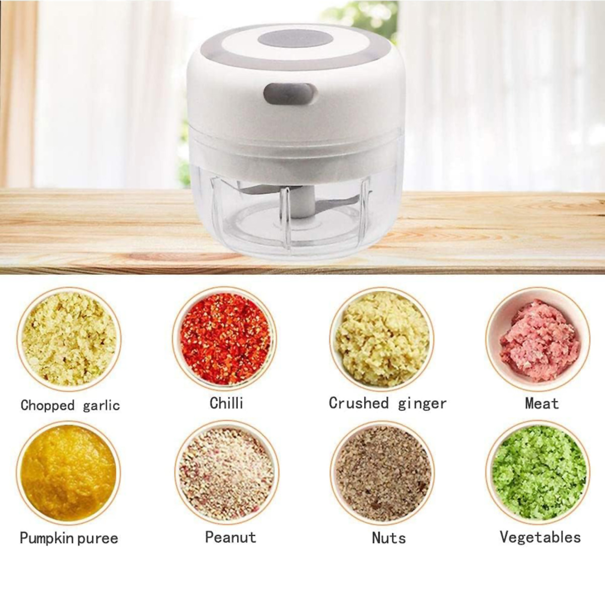 Procesador de alimentos blanco pequeño, con cuencos que muestran ingredientes picados.
