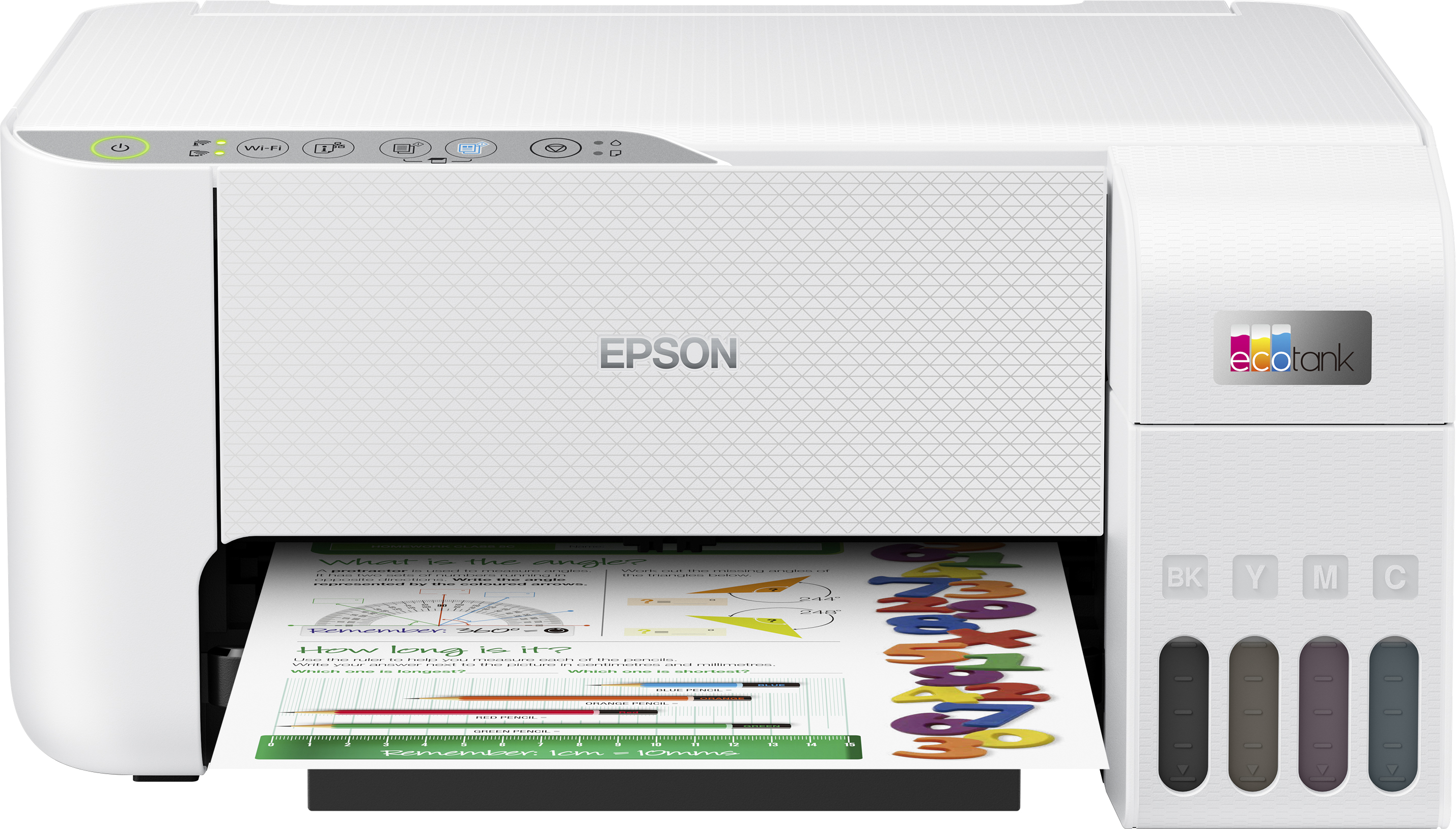Renkli bir sayfa yazdıran beyaz Epson yazıcı. Yan tarafta mürekkep kartuşları görülüyor.