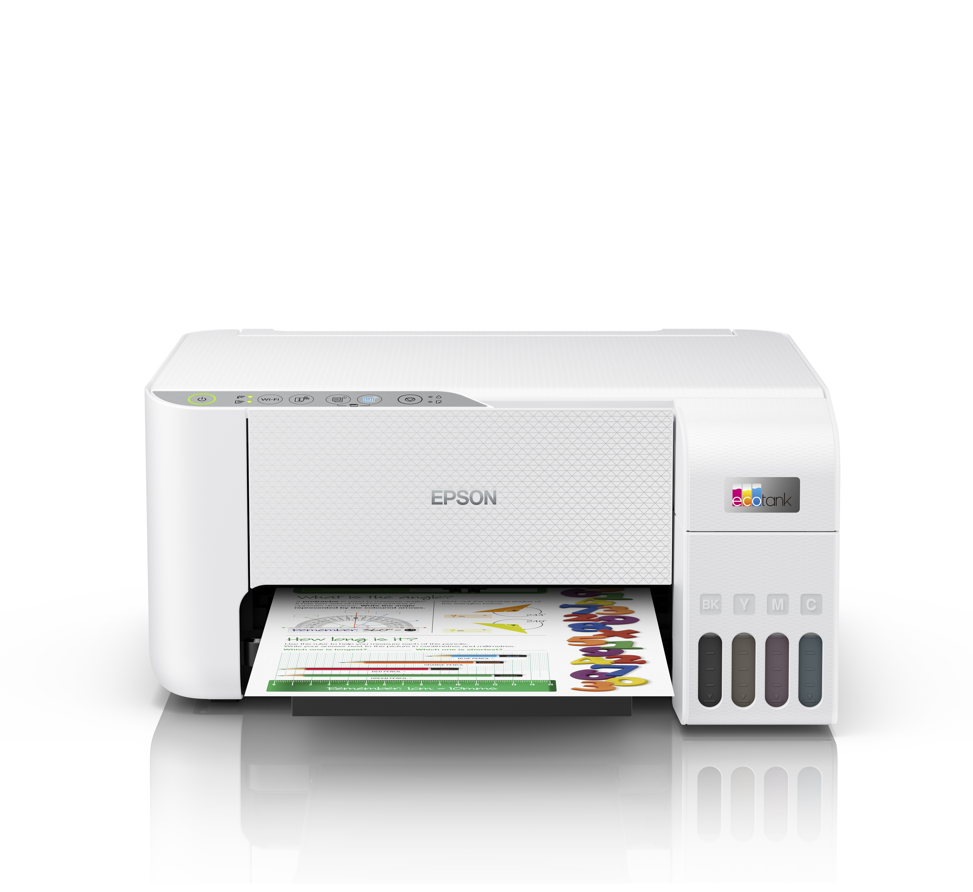 Kağıt ve mürekkep tankları olan beyaz Epson yazıcı. Ön görünüm, beyaz bir yüzeyde.