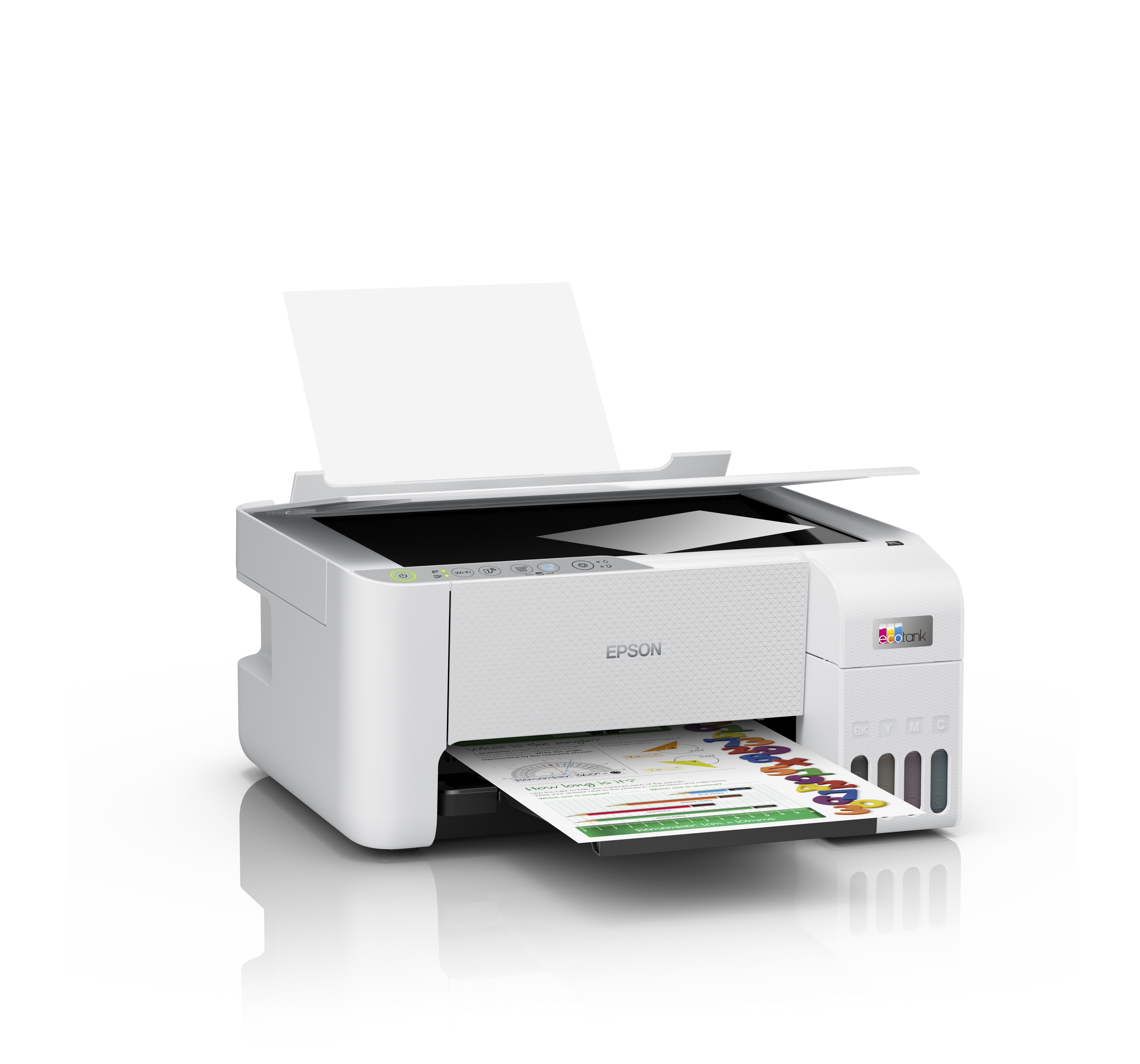 Açık kapağı olan beyaz Epson yazıcı, renkli bir belge yazdırıyor. Mürekkep kartuşları görünür durumda.