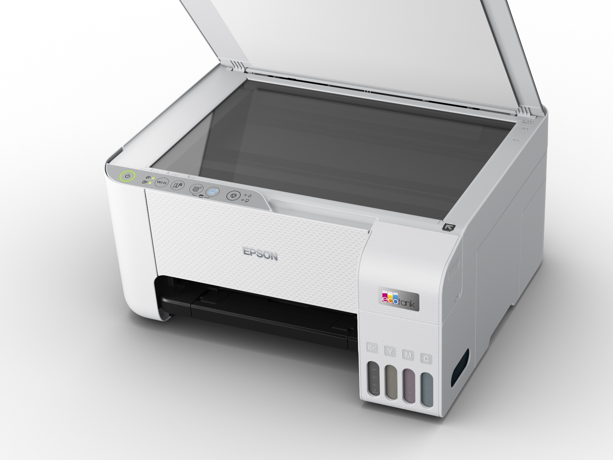 Açık kapağı, beyaz gövdesi ve mürekkep tankları olan bir Epson yazıcı.