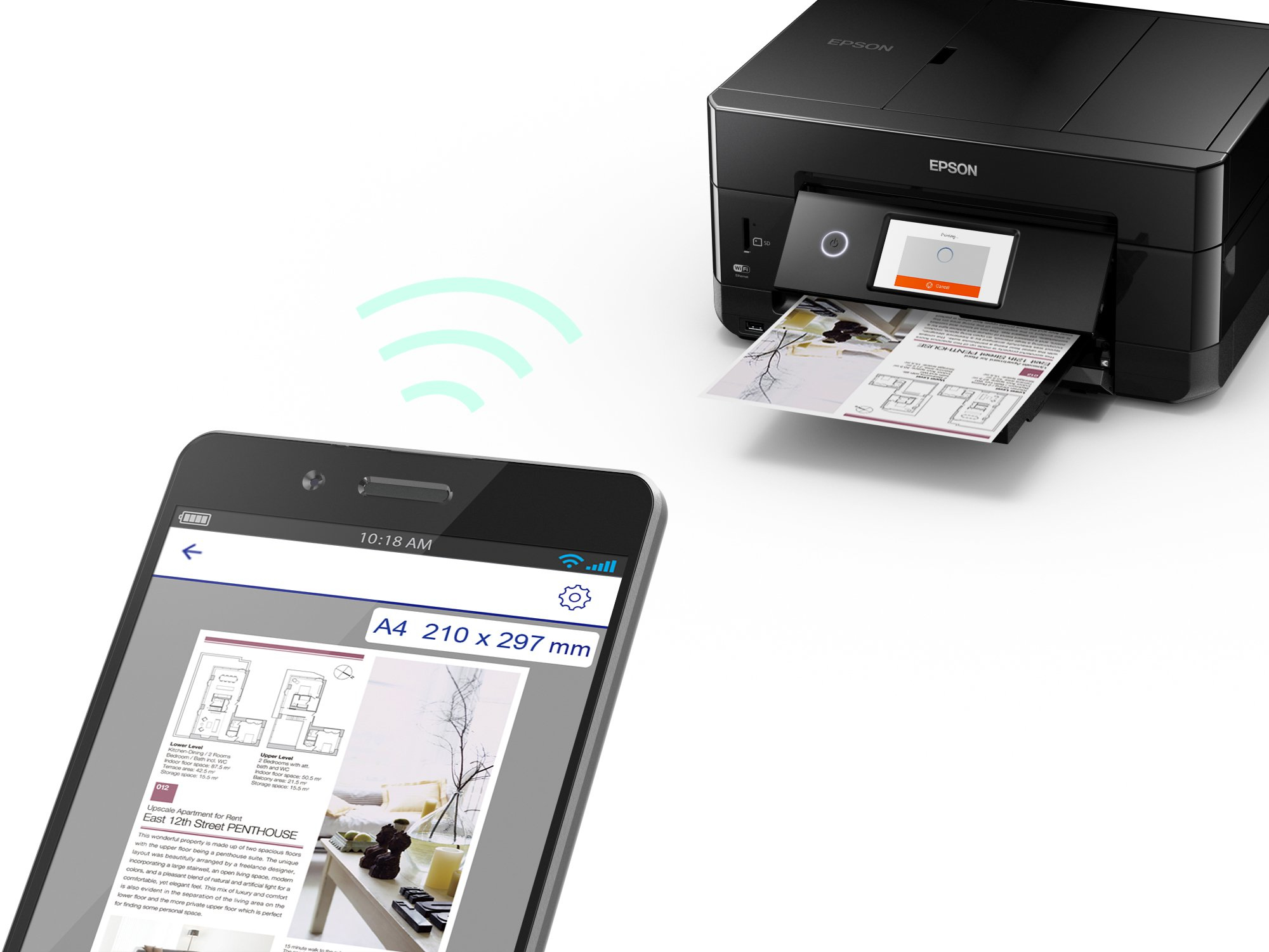 Czarna drukarka bezprzewodowo drukuje dokument. Smartfon wyświetla ten sam dokument.