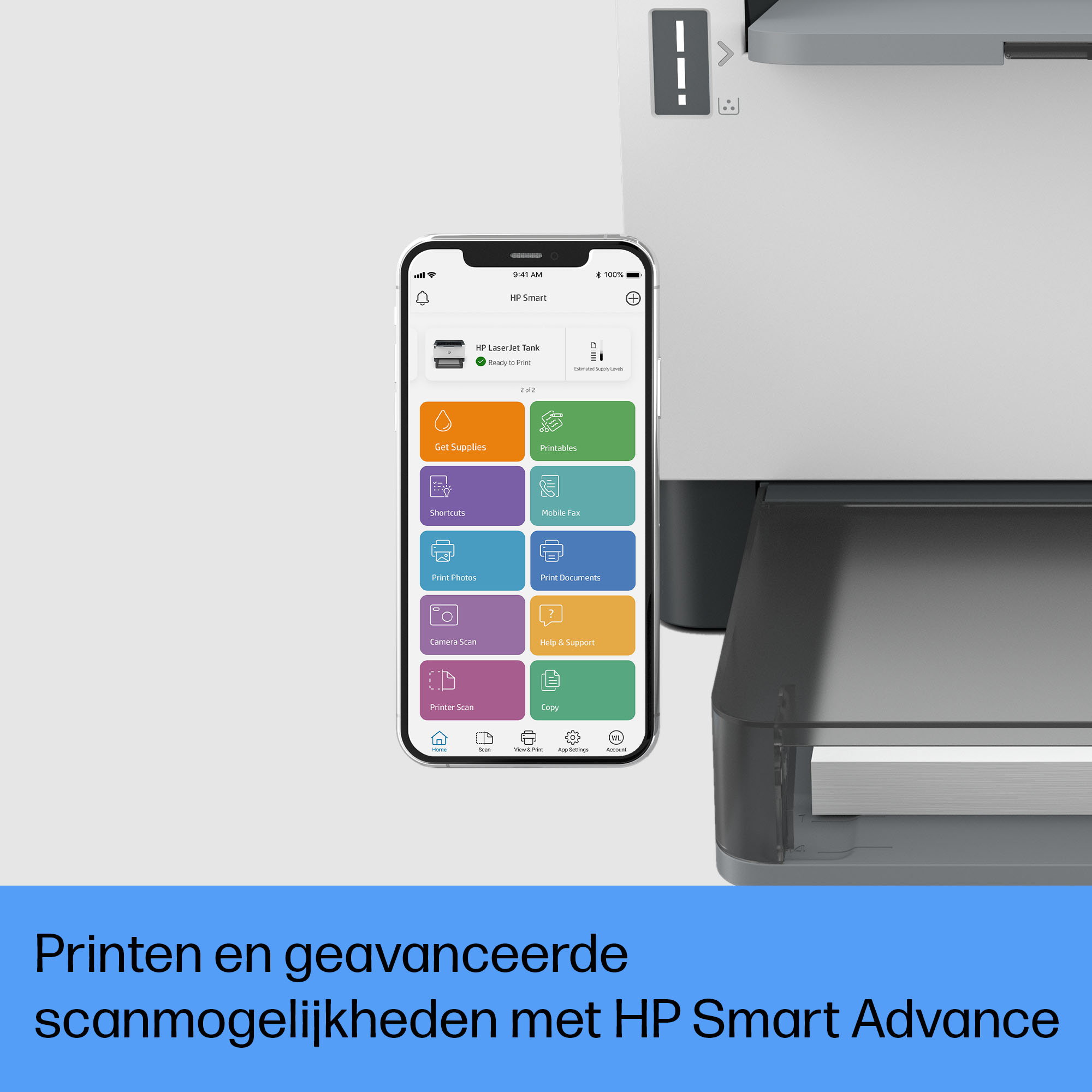 Ekran smartfona wyświetlający opcje drukowania obok drukarki. Tekst mówi opcje drukowania i skanowania.