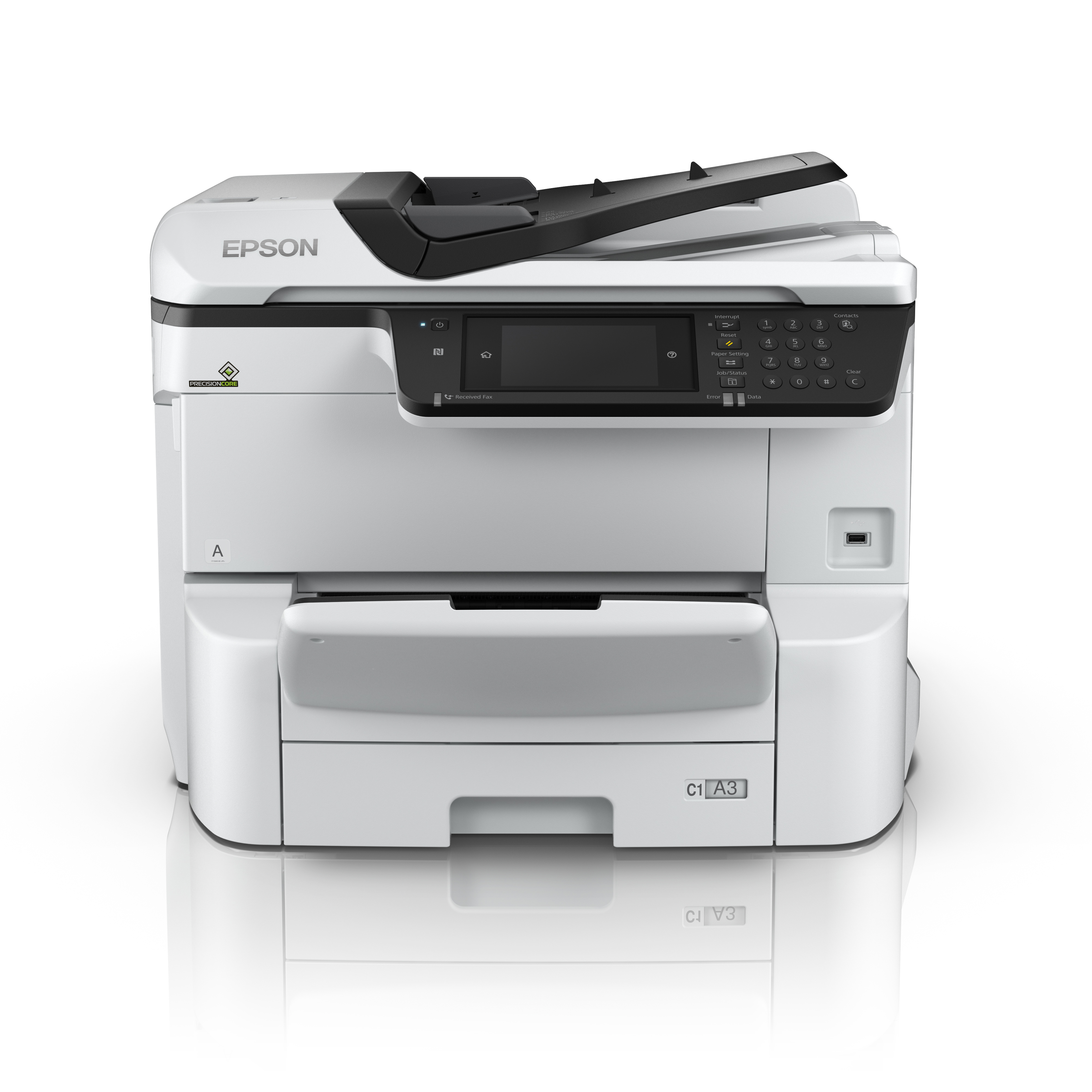 Stampante Epson bianca con parte superiore nera, vista frontale, su superficie bianca.