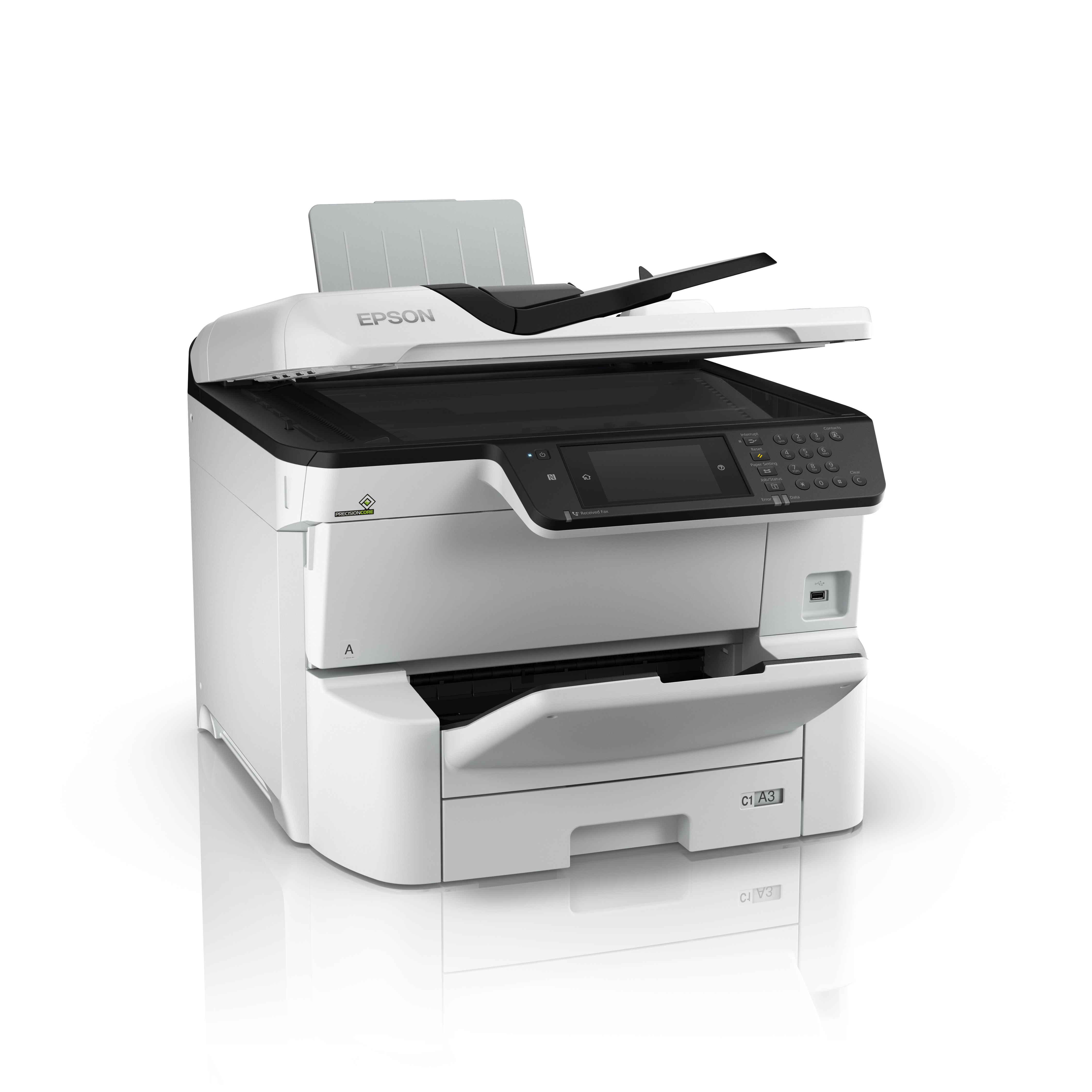 Stampante Epson con coperchio dello scanner aperto e pannello di controllo.