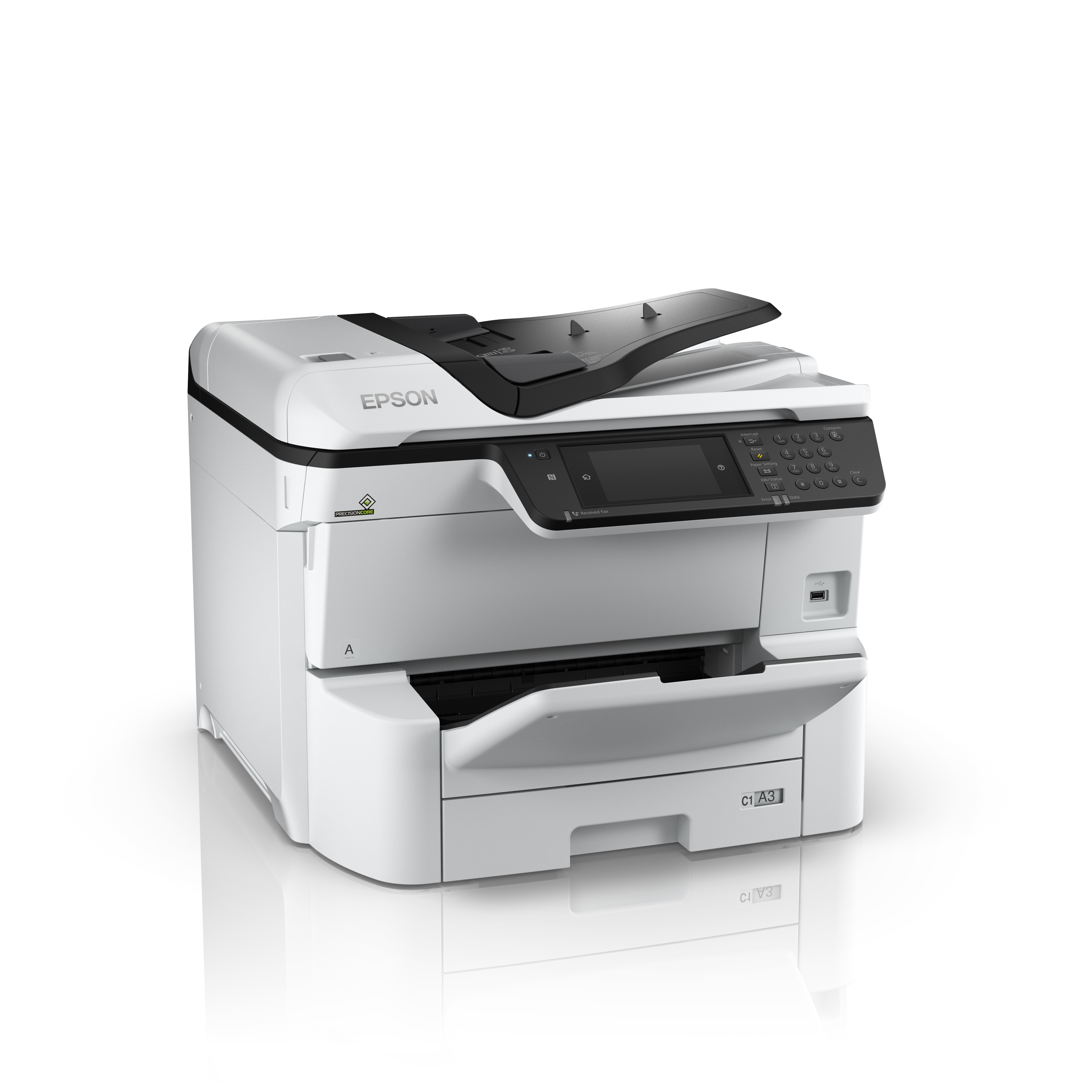 Stampante bianca e nera con il marchio Epson.