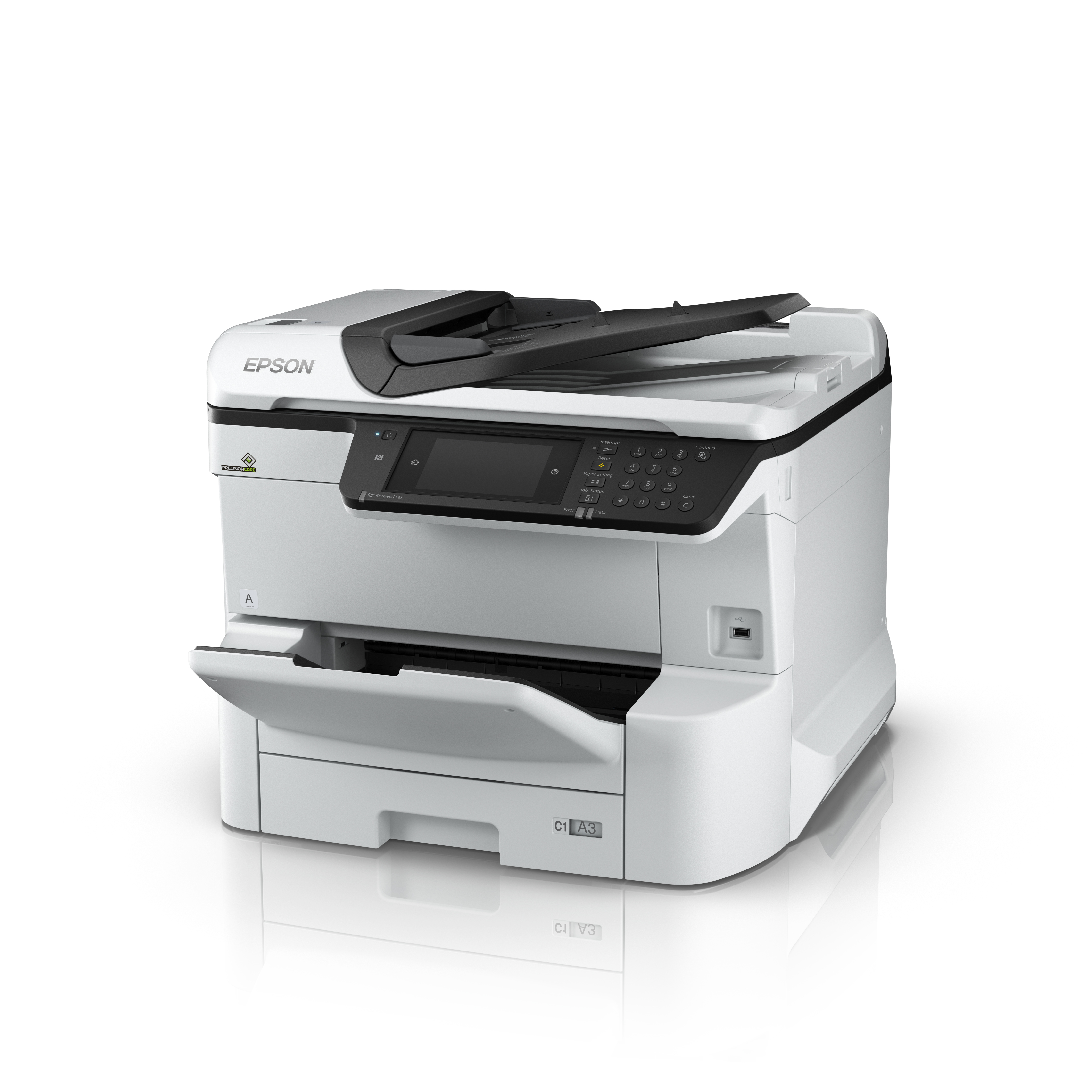 Stampante Epson bianca con vassoio carta aperto. Coperchio scanner nero sollevato, mostra il pannello di controllo.